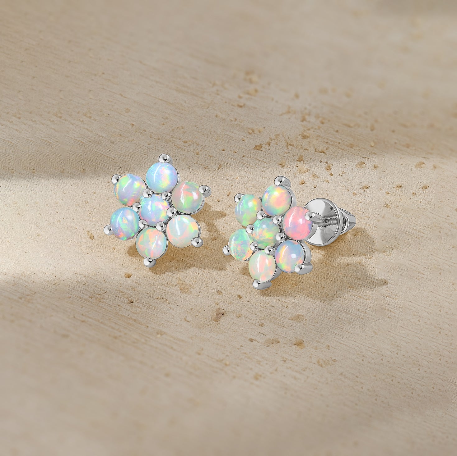 White Opal Round Stud Earrings in 925 Silver Luxury 14-Stone Design