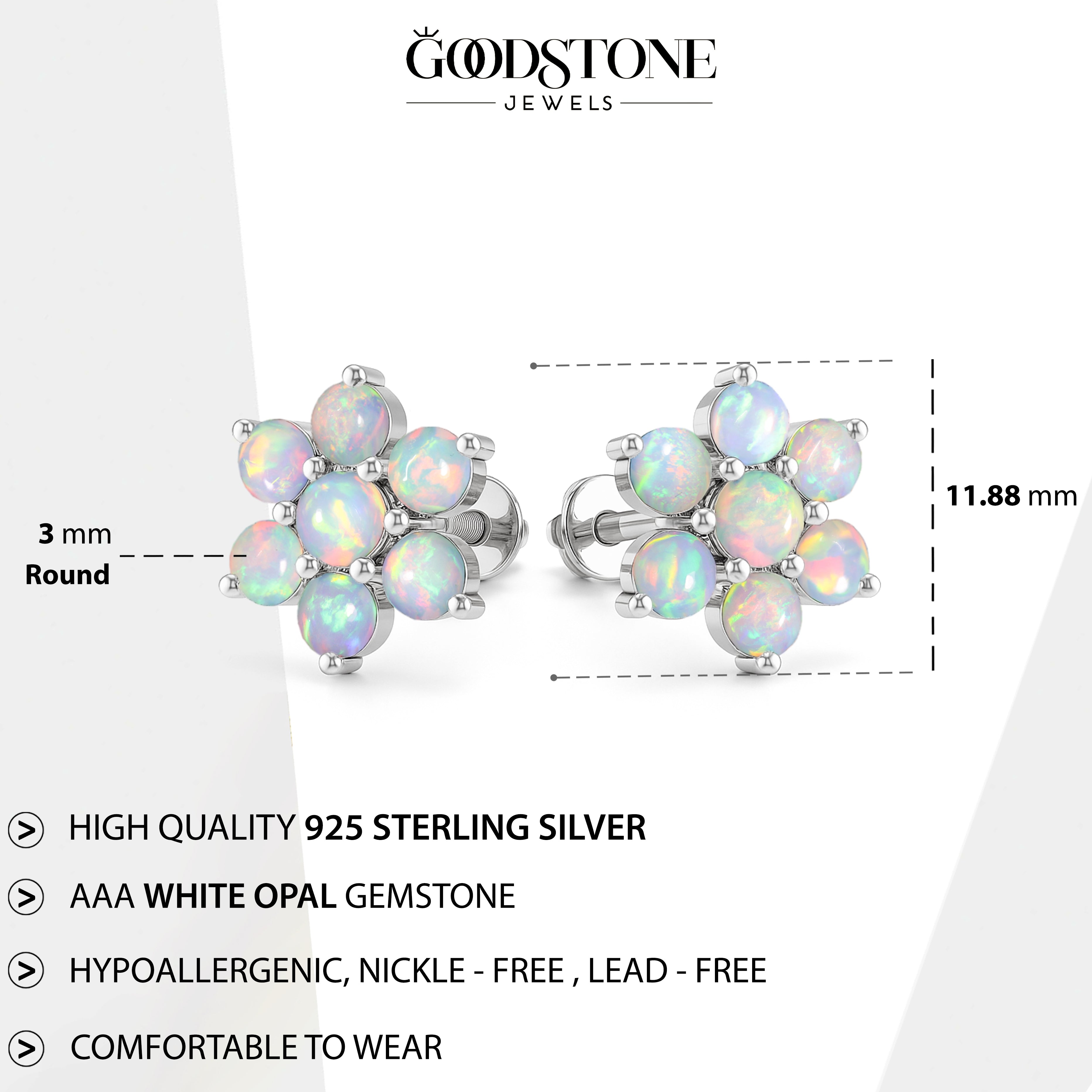 White Opal Round Stud Earrings in 925 Silver Luxury 14-Stone Design