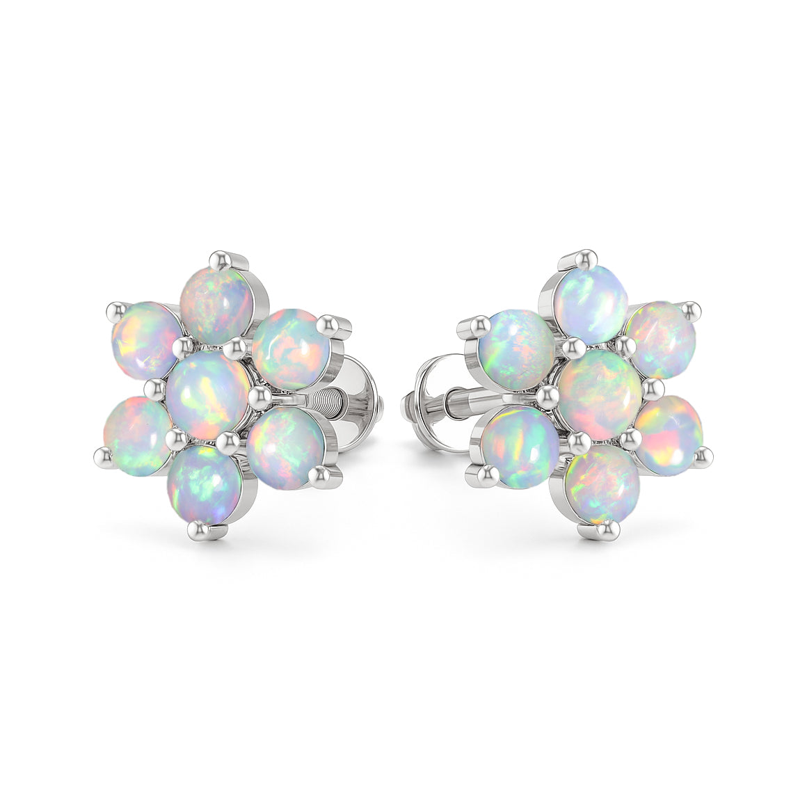 White Opal Round Stud Earrings in 925 Silver Luxury 14-Stone Design