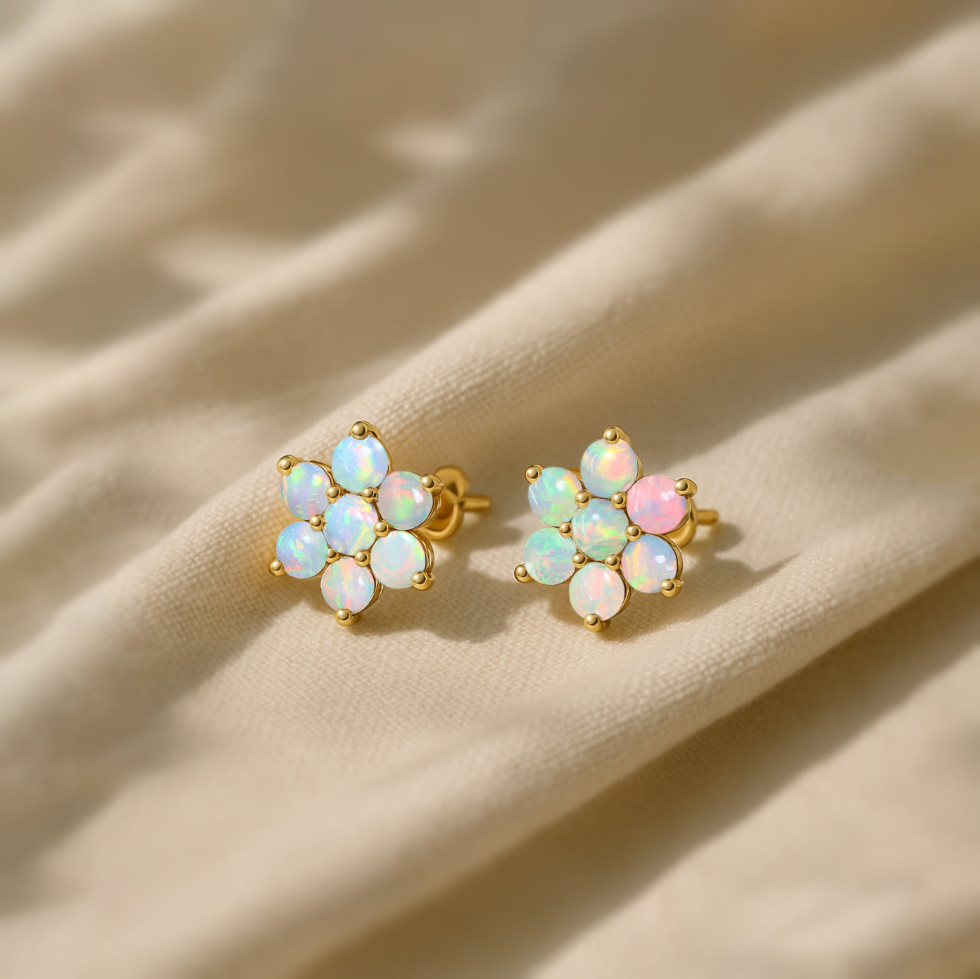 White Opal Round Stud Earrings in 925 Silver Luxury 14-Stone Design