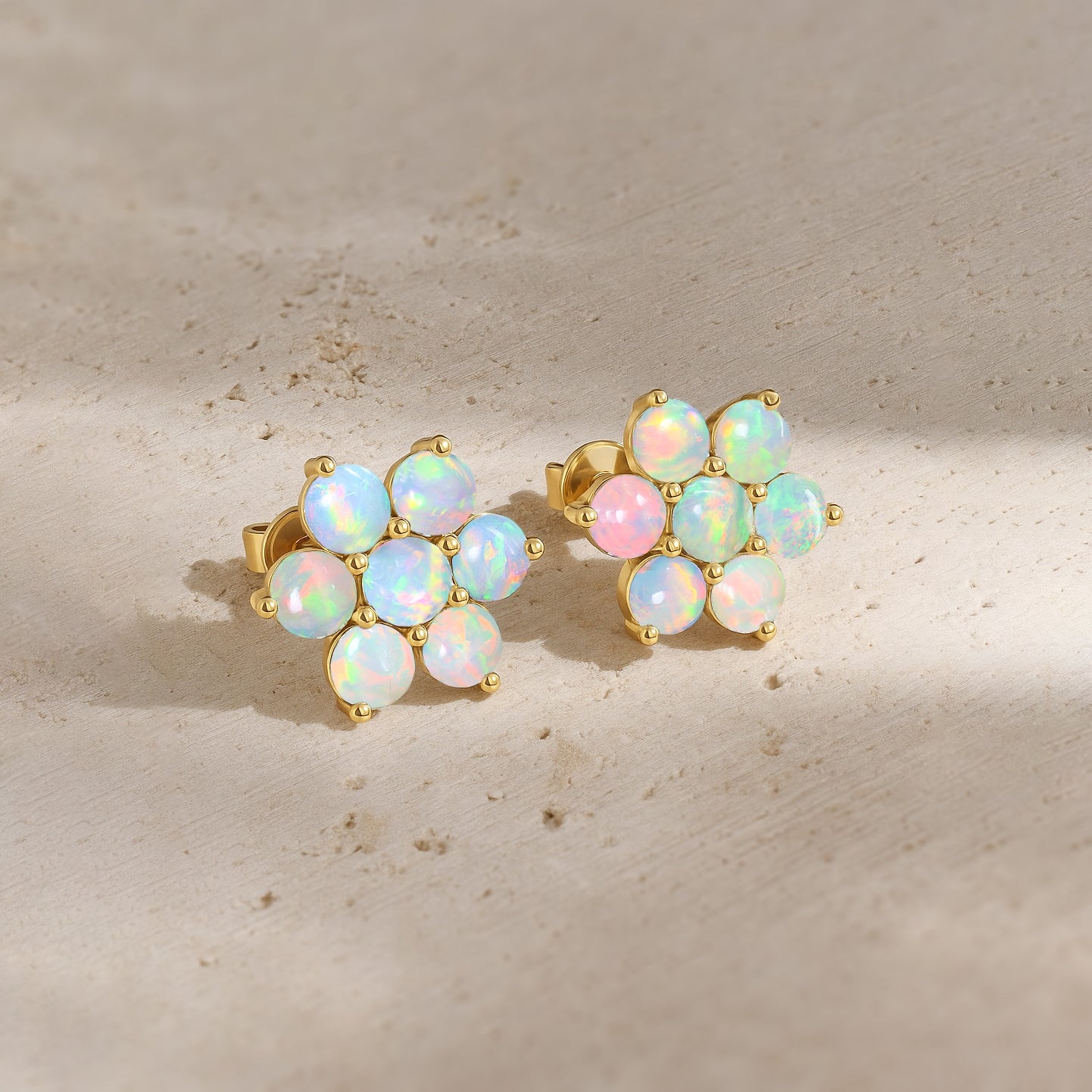 White Opal Round Stud Earrings in 925 Silver Luxury 14-Stone Design