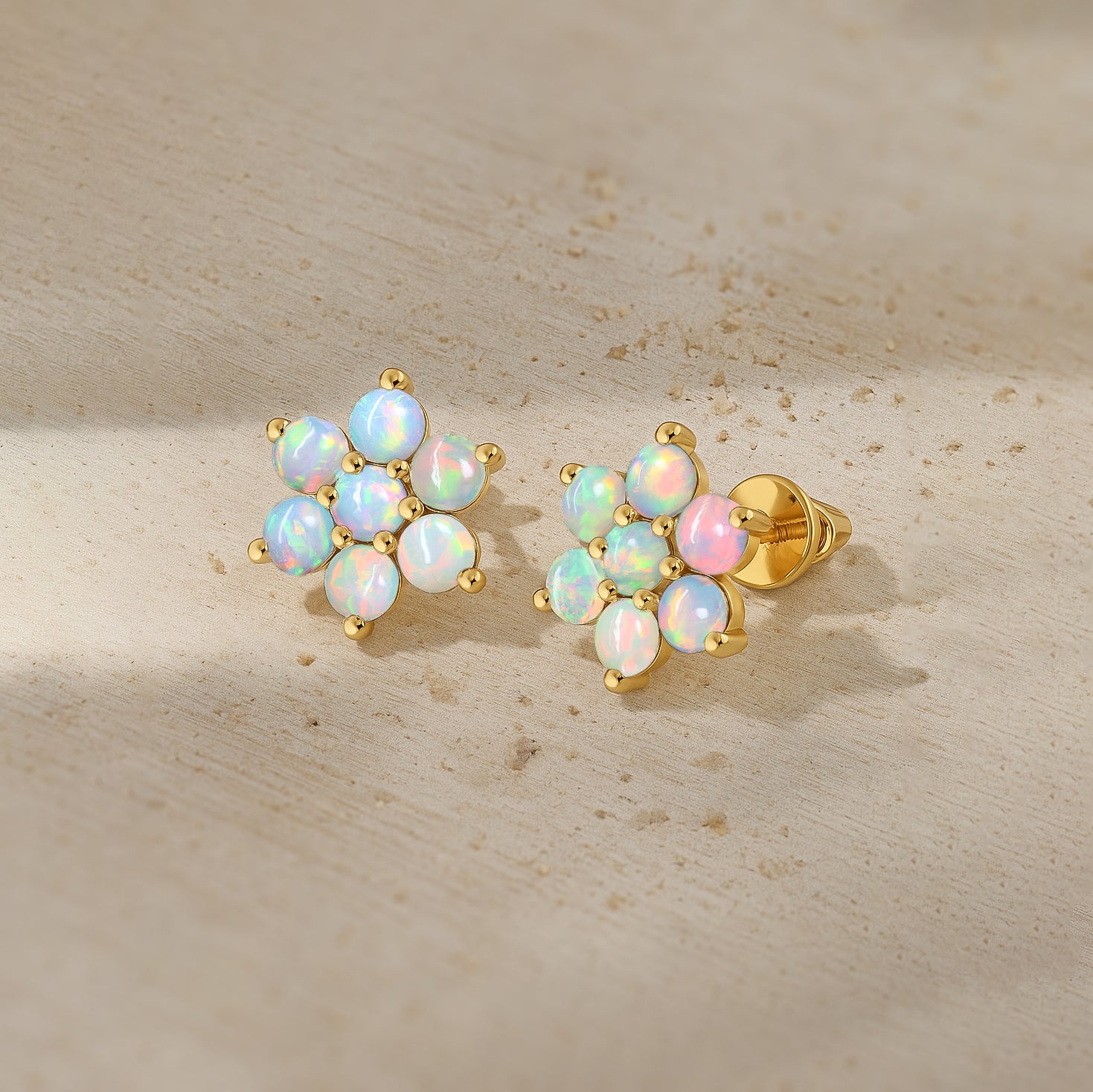 White Opal Round Stud Earrings in 925 Silver Luxury 14-Stone Design