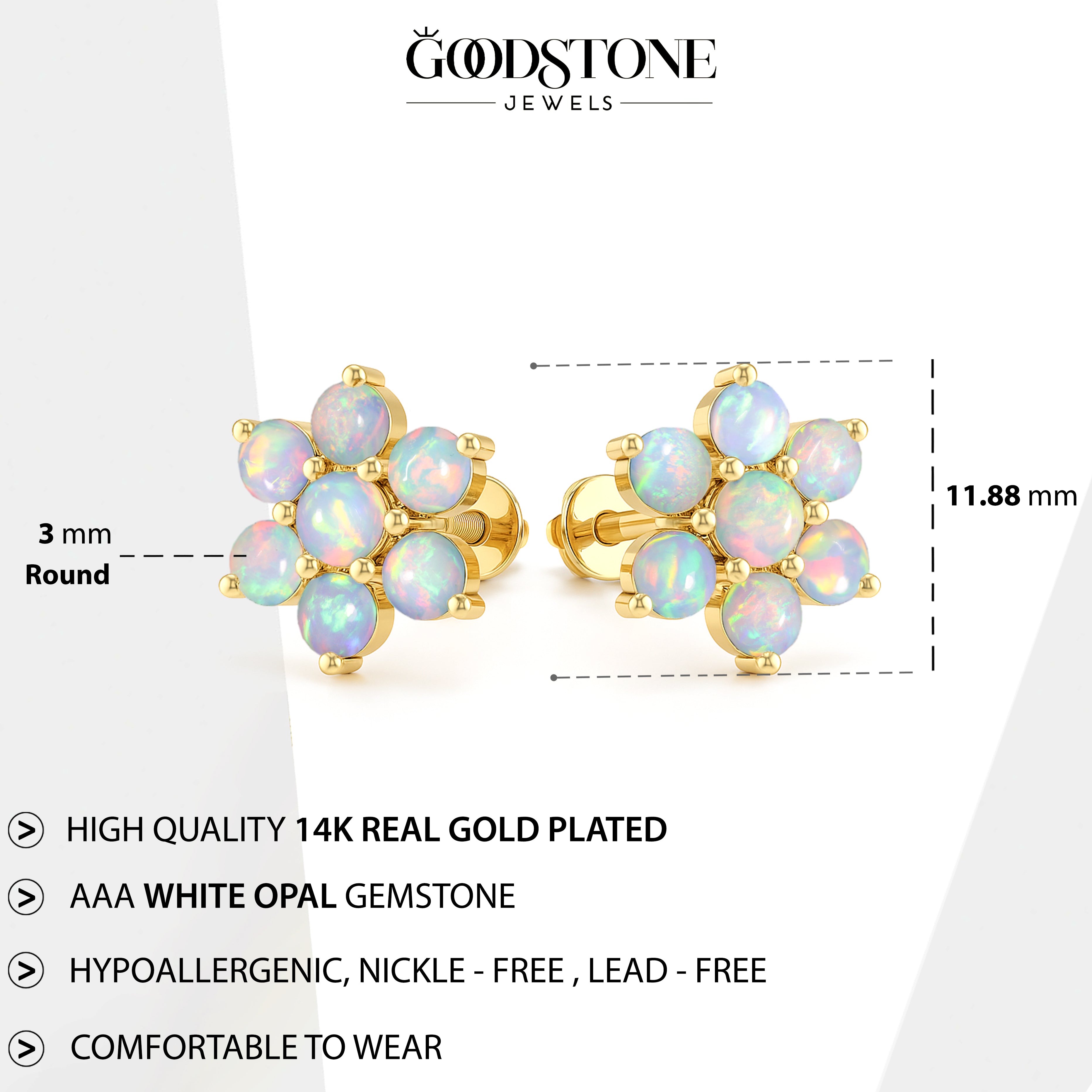 White Opal Round Stud Earrings in 925 Silver Luxury 14-Stone Design