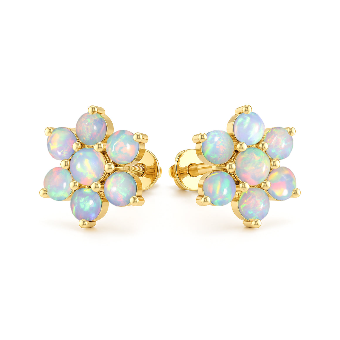 White Opal Round Stud Earrings in 925 Silver Luxury 14-Stone Design