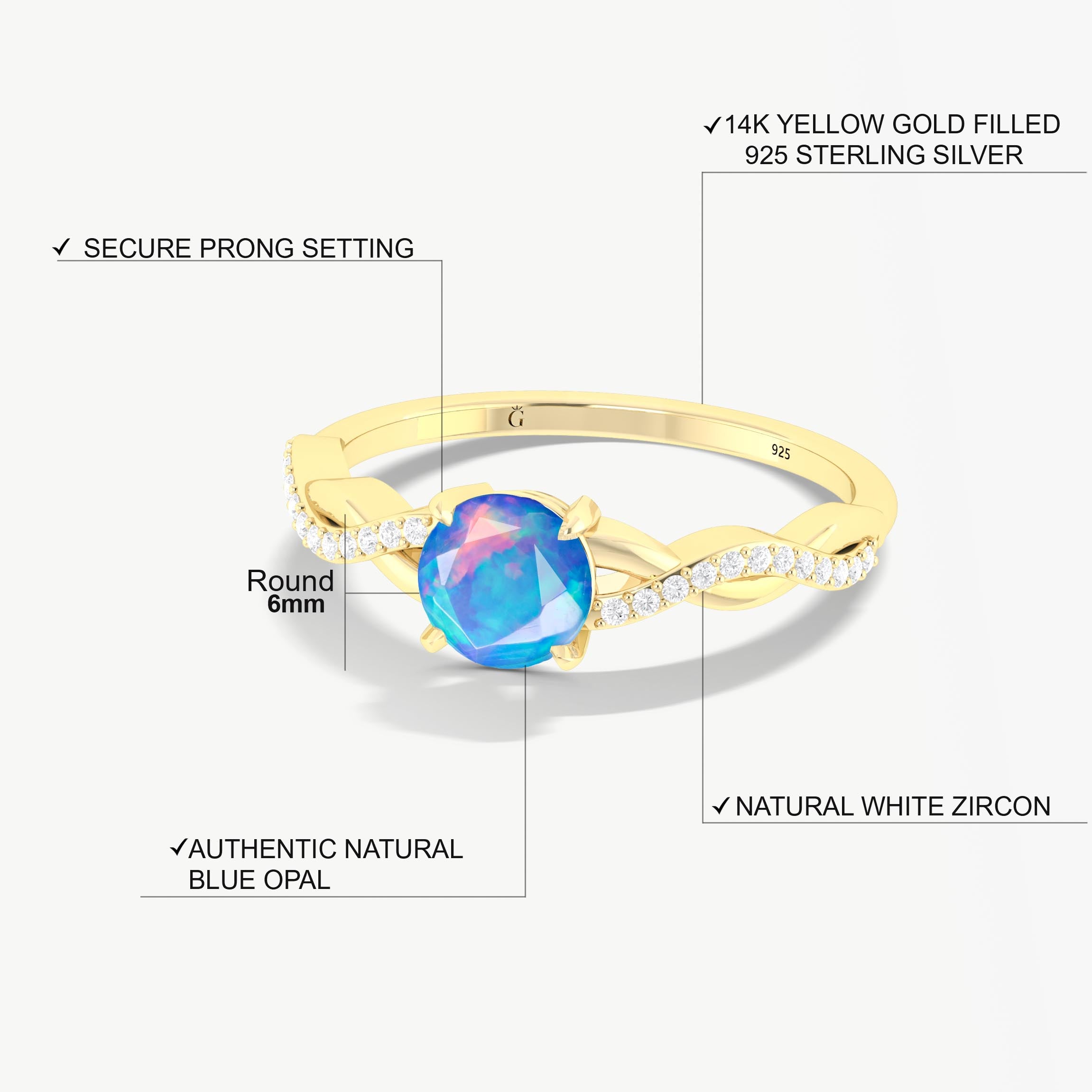 Natural Blue Opal Crossover Ring for Womens Birthstone Jewelry