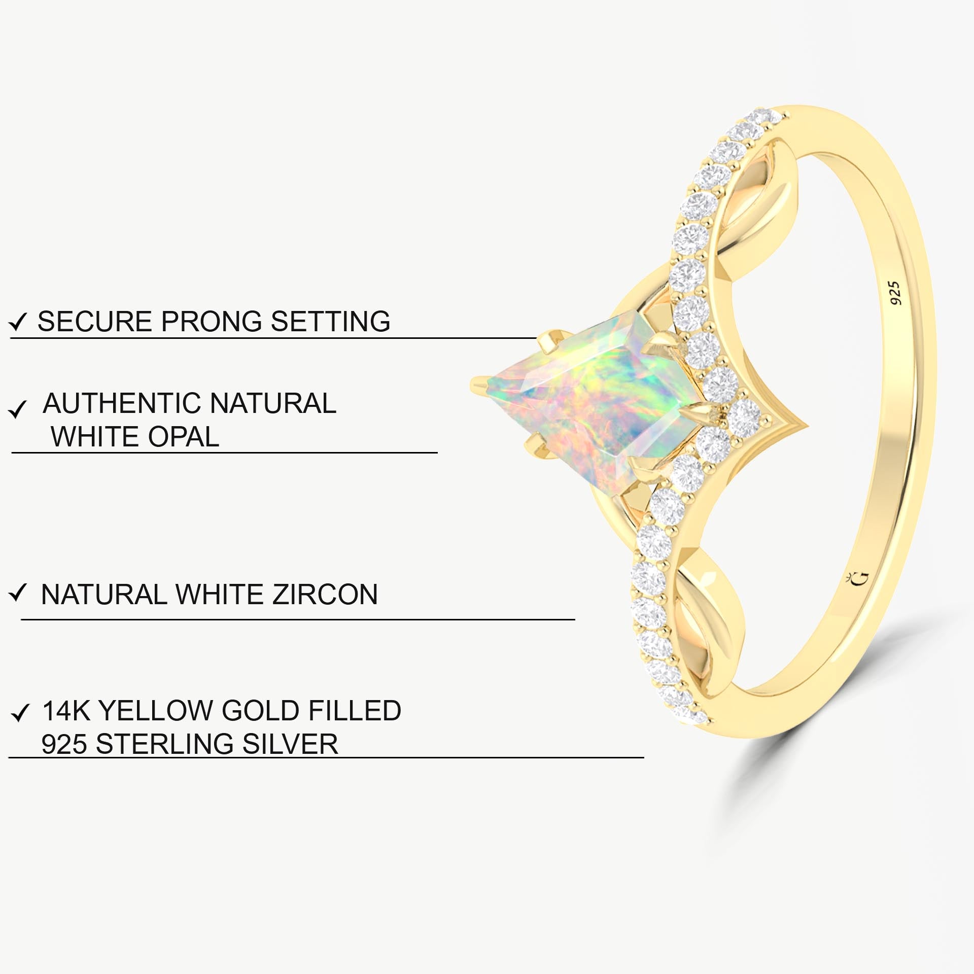 Natural White Opal Kite Shape Wishbone Ring