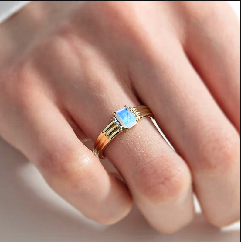 Beautiful white rainbow octagon moonstone Unique design ring