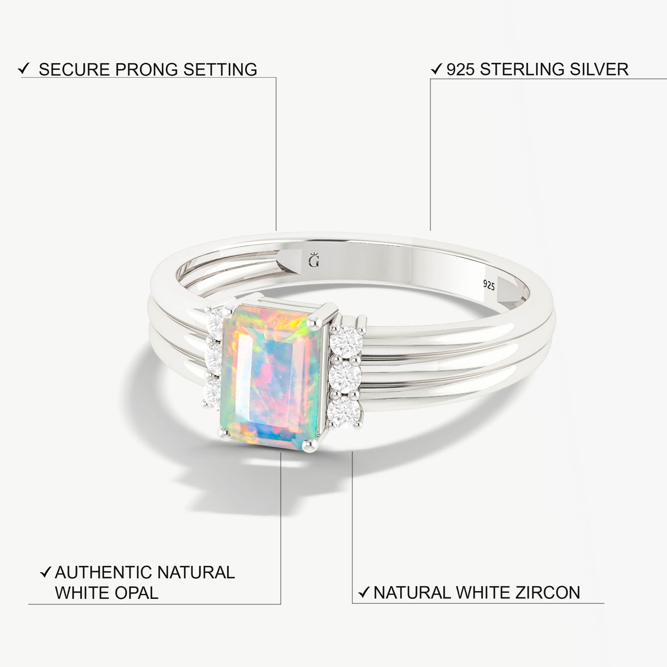Octagon Shape Natural White Opal Three Layer Wedding Ring