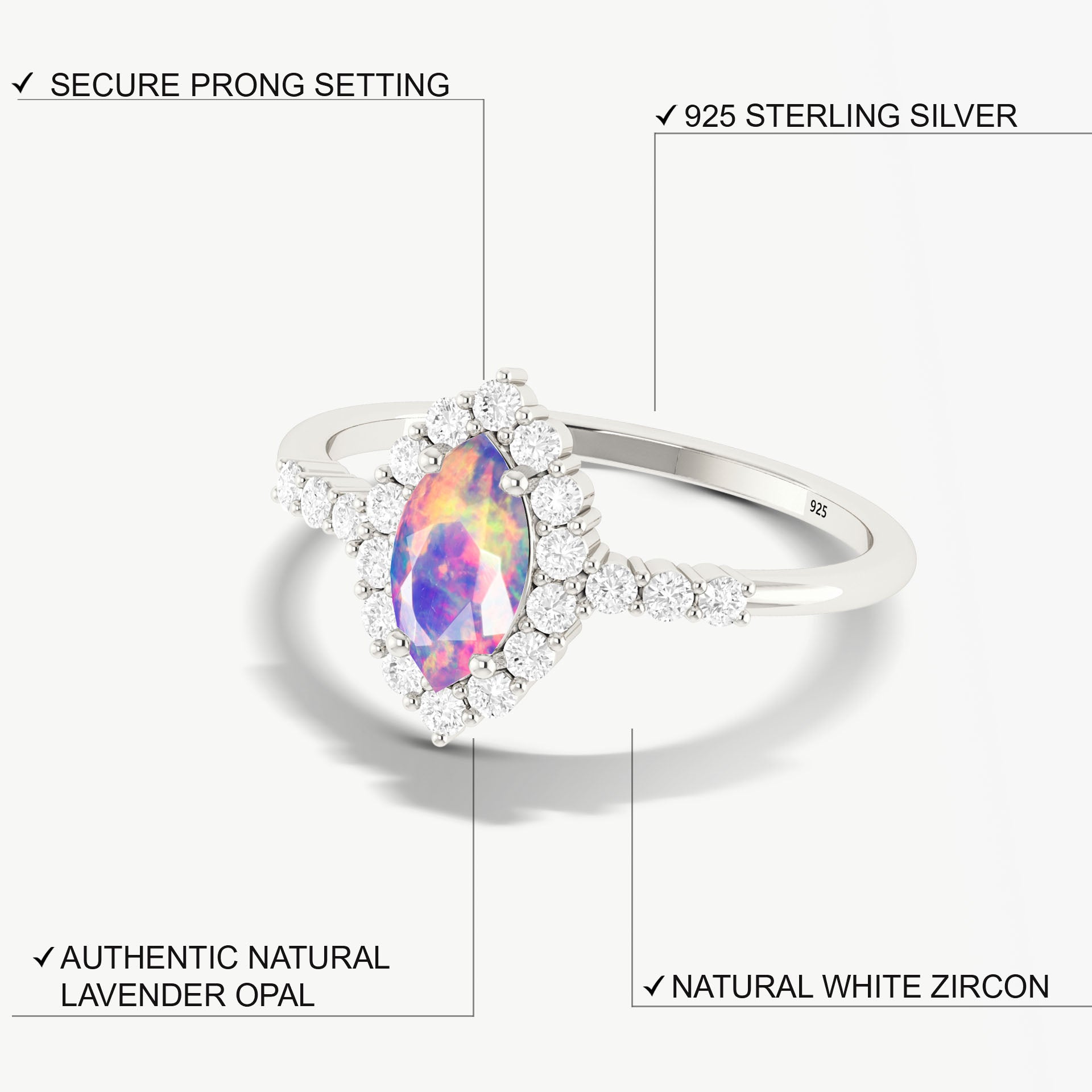Natural Lavender Opal Marquise Shape Halo Wedding Ring