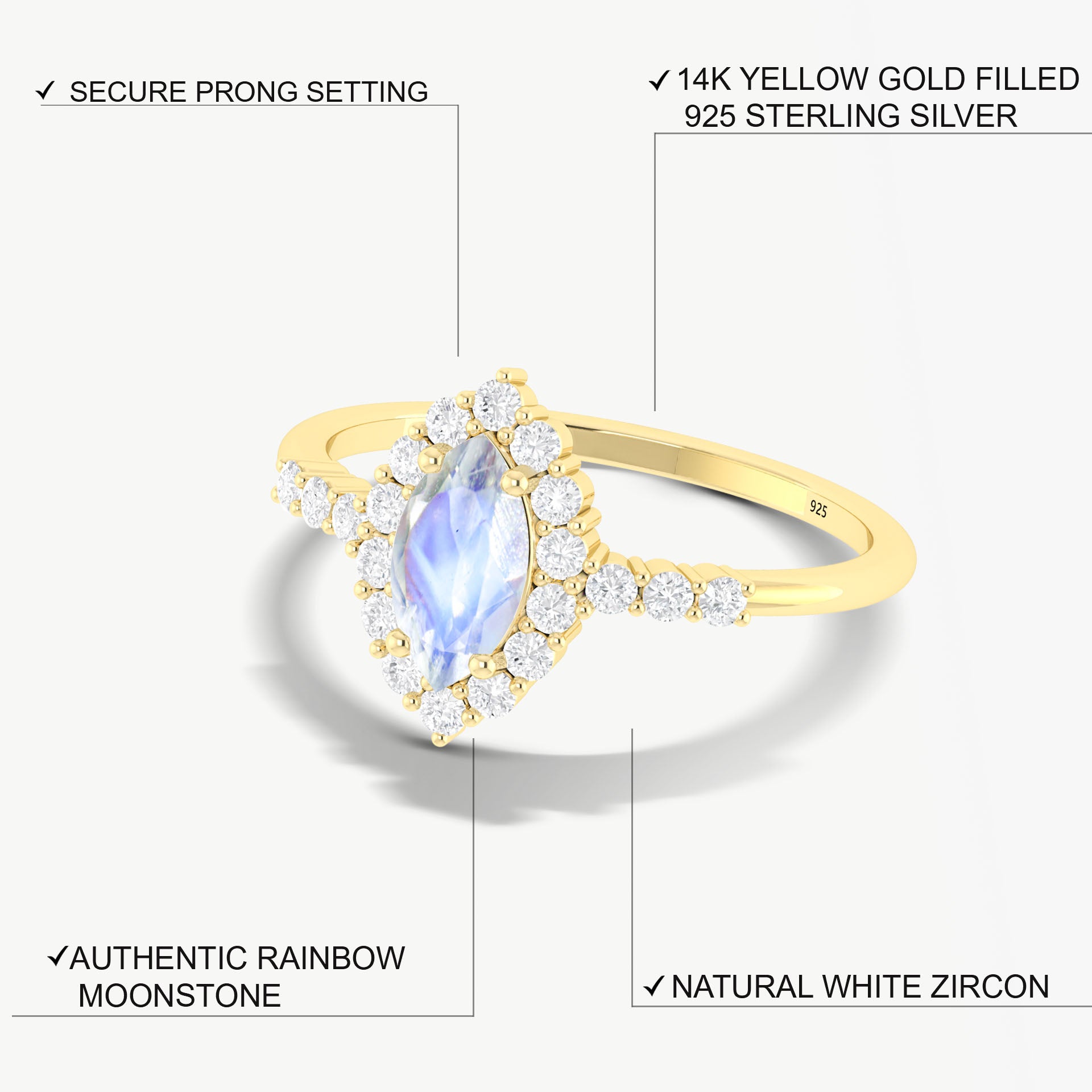 Marquise Rainbow Fire Moonstone Minimalist ring for women