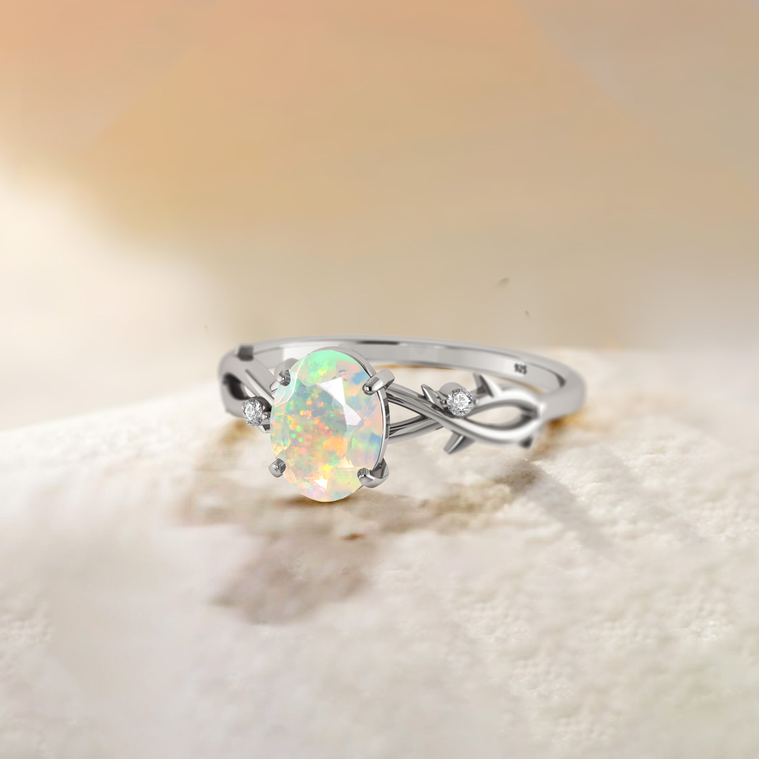 Natural White Opal with Side Stone Crossover Solitaire Ring