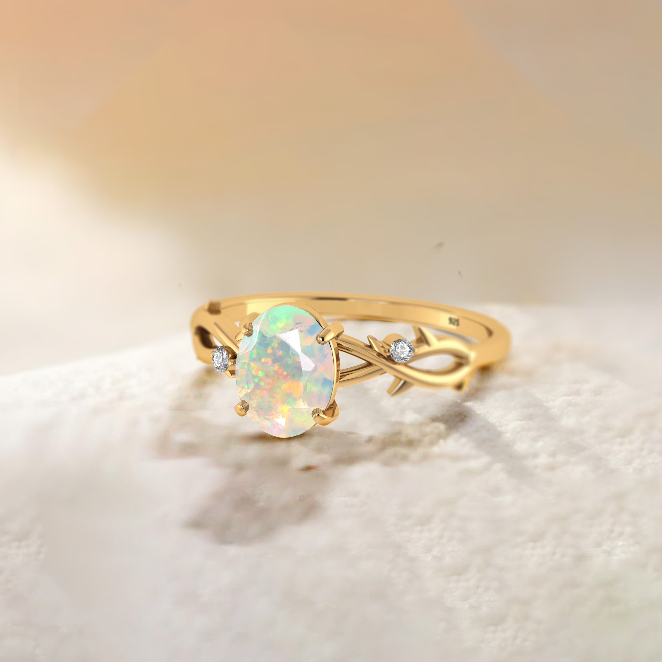 Natural White Opal with Side Stone Crossover Solitaire Ring