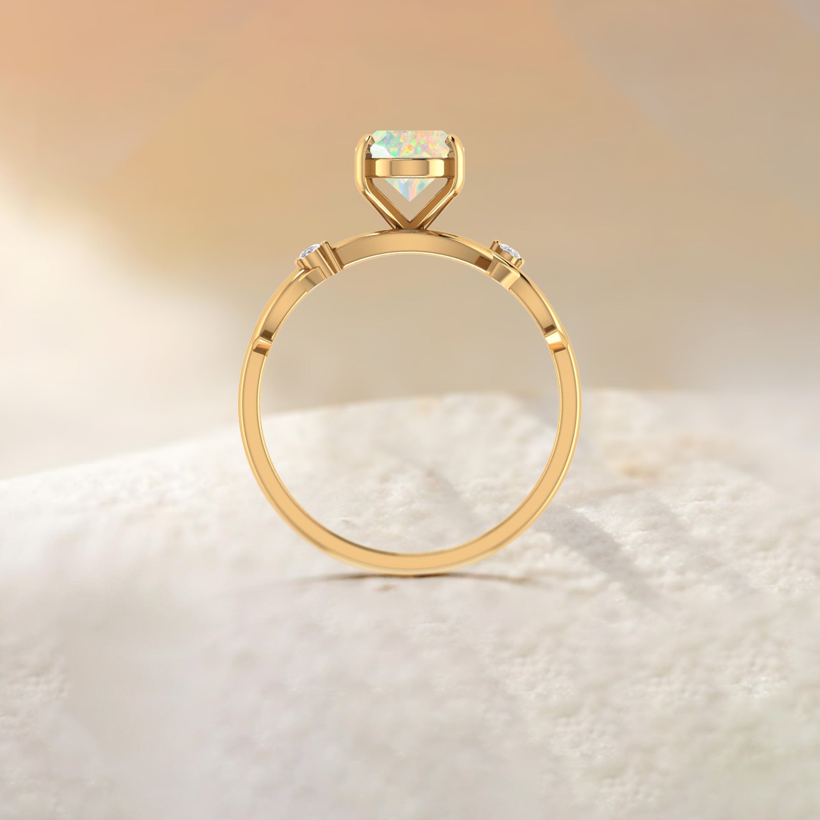 Natural White Opal with Side Stone Crossover Solitaire Ring