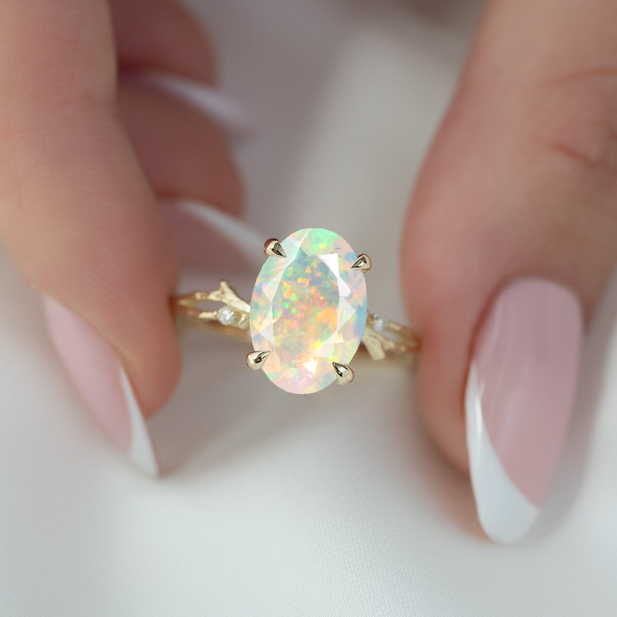 Natural White Opal with Side Stone Crossover Solitaire Ring