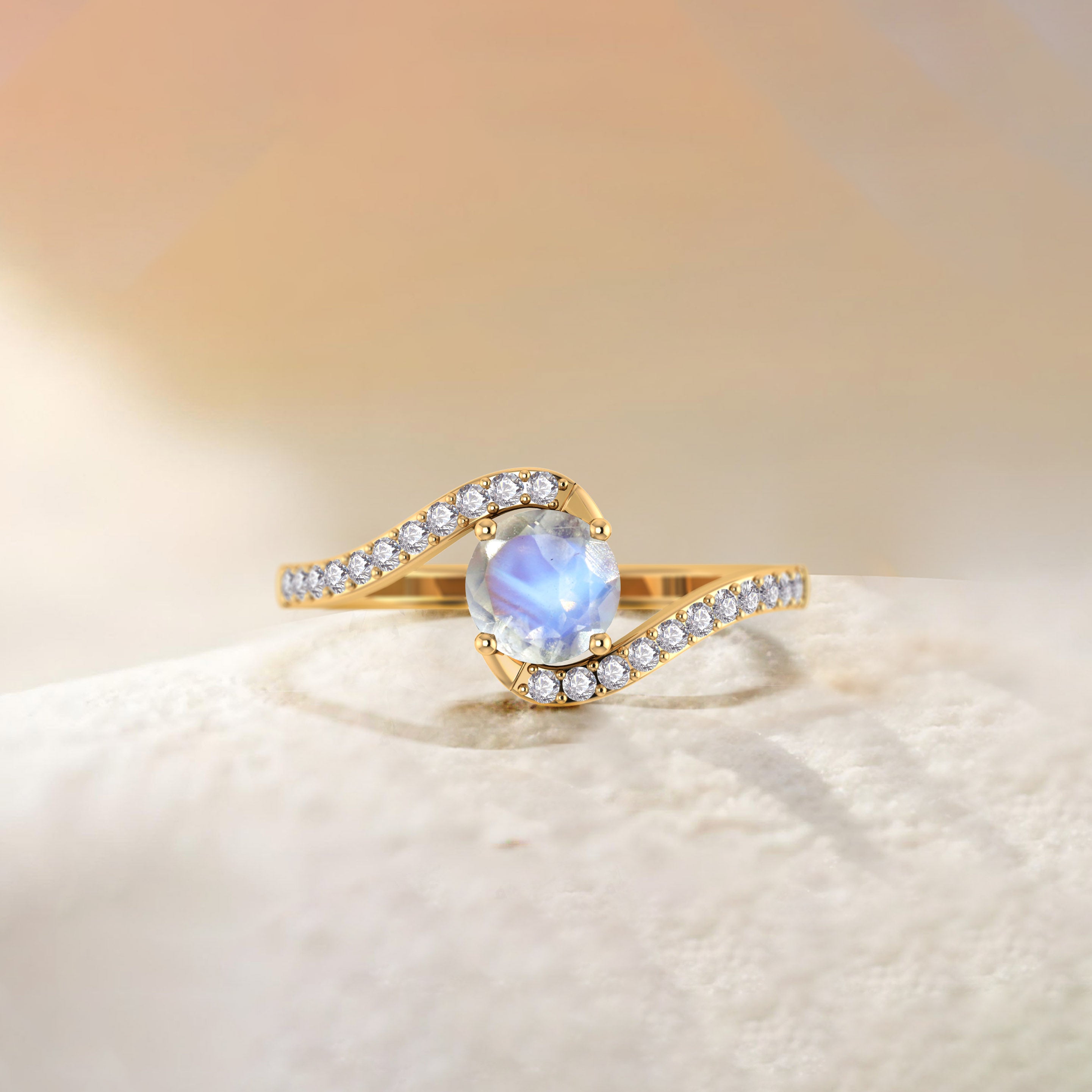 Natural Rainbow Moonstone with White Zicon Bypass Ring for Her