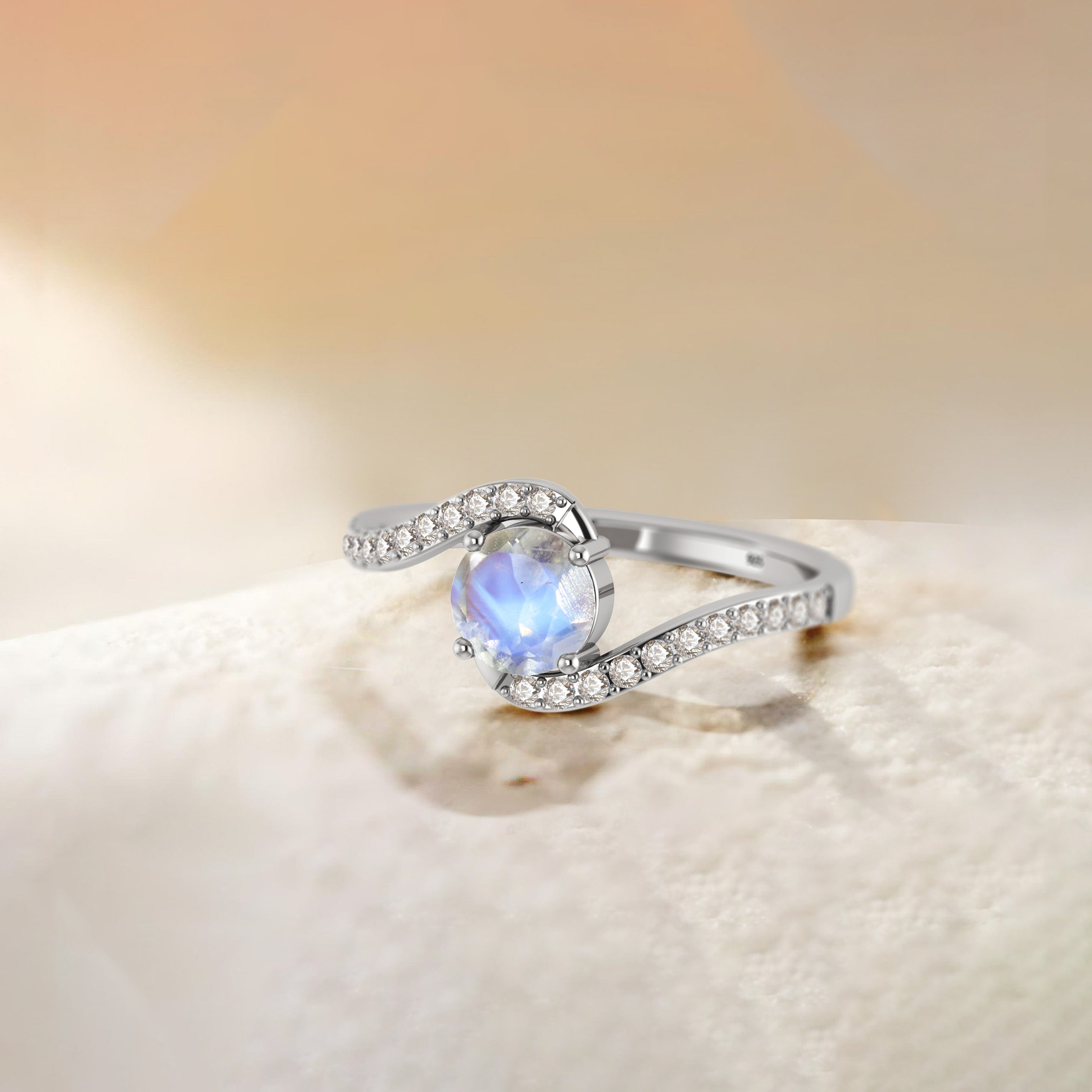 Natural Rainbow Moonstone with White Zicon Bypass Ring for Her