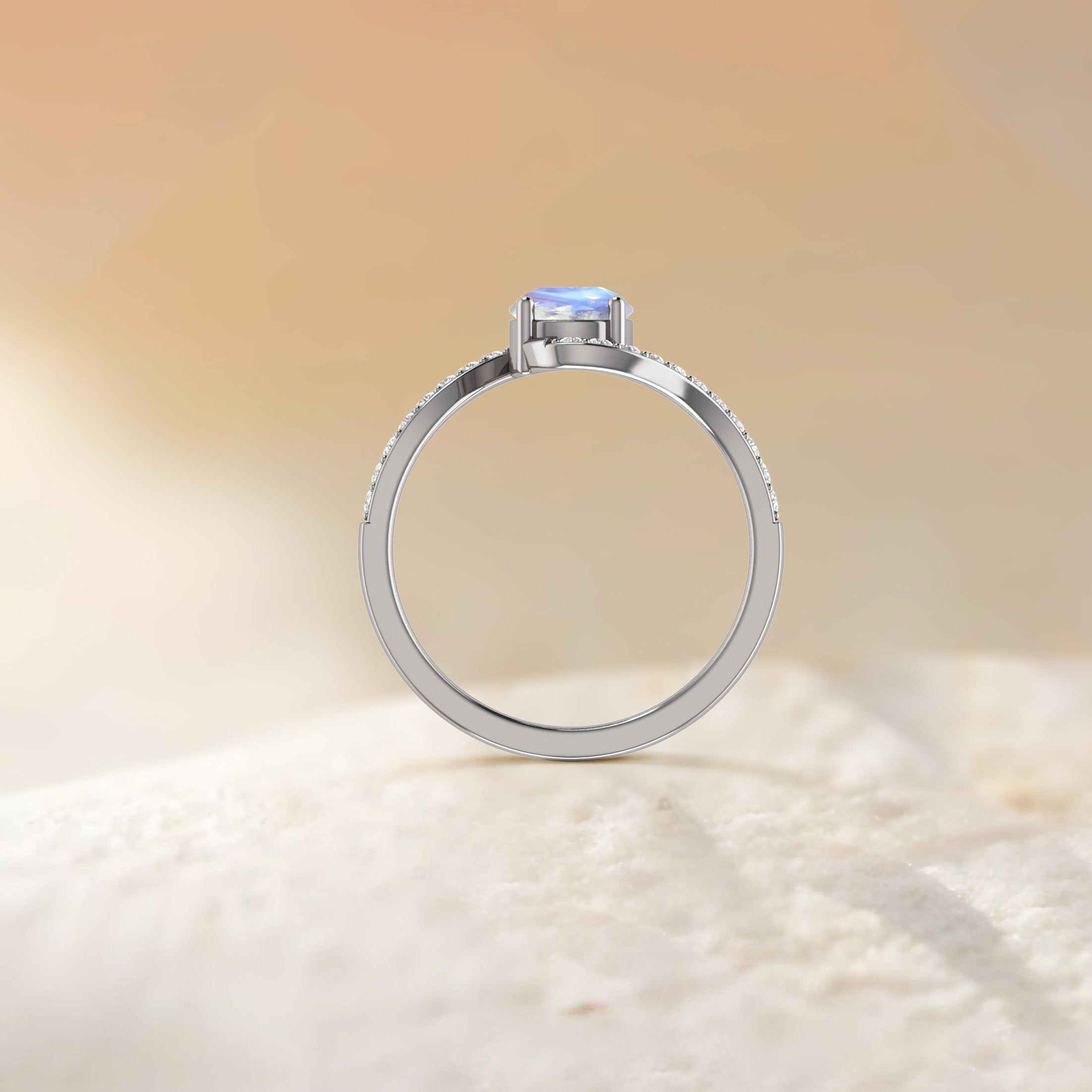 Natural Rainbow Moonstone with White Zicon Bypass Ring for Her