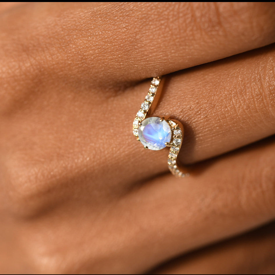 Natural Rainbow Moonstone with White Zicon Bypass Ring for Her