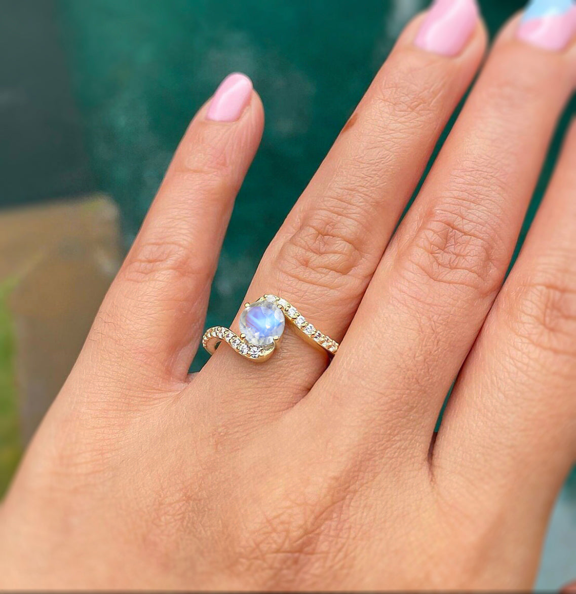 Natural Rainbow Moonstone with White Zicon Bypass Ring for Her
