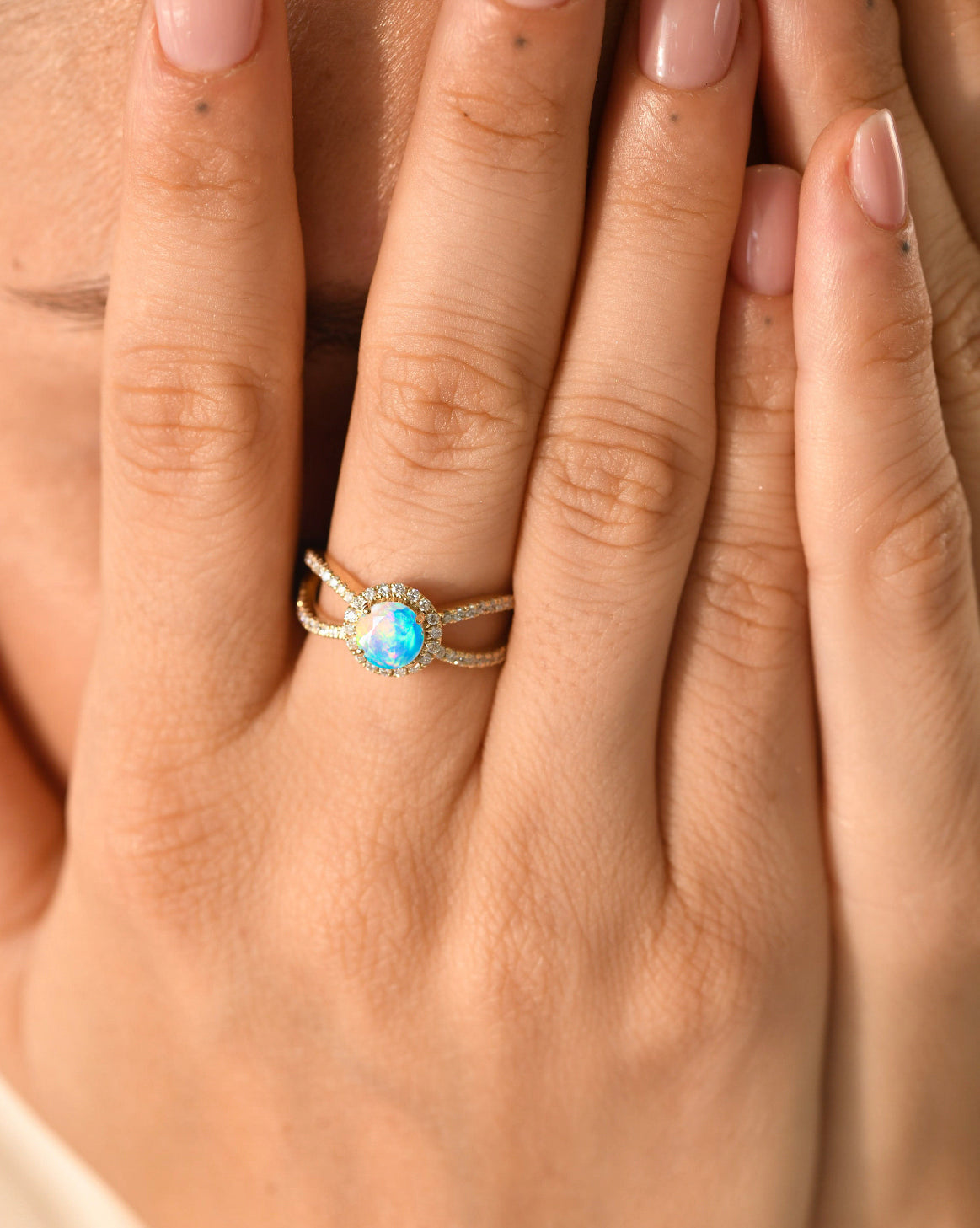 Natural Sparkling White Opal Halo Engagement Ring