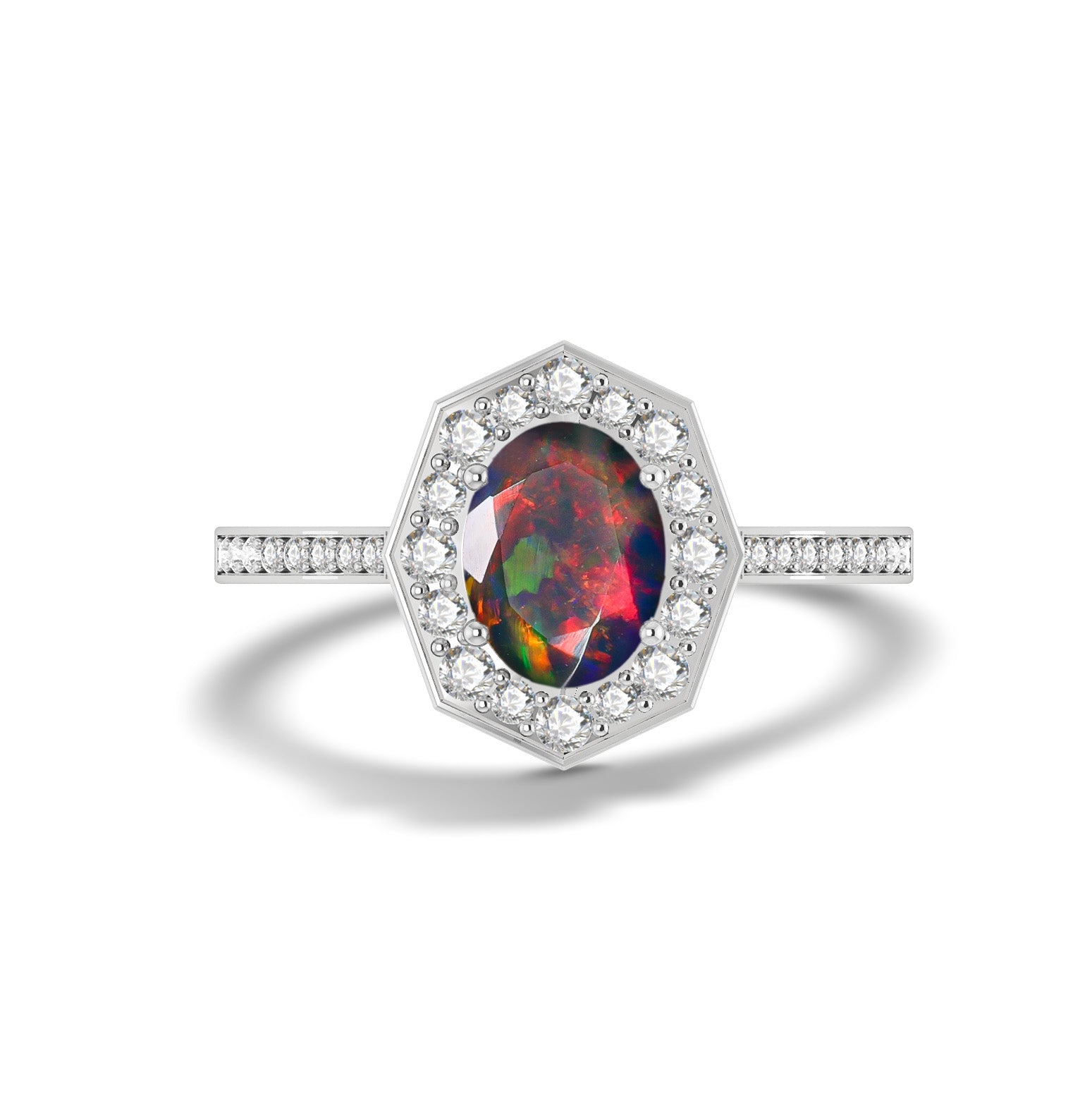 Natural Black Opal with White Zircon Engagement Halo Ring