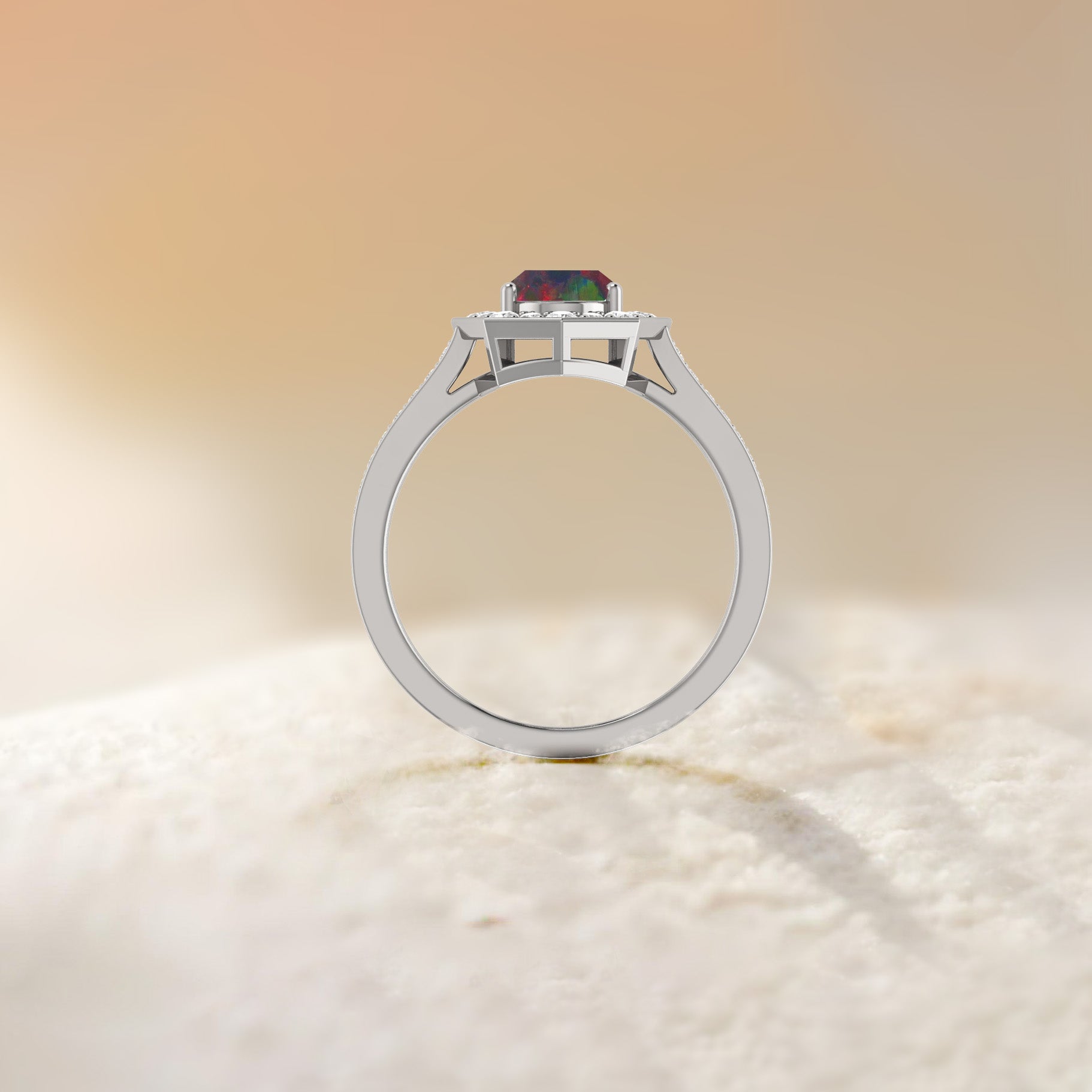 Natural Black Opal with White Zircon Engagement Halo Ring