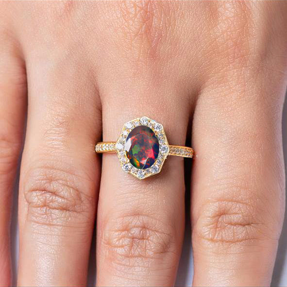 Natural Black Opal with White Zircon Engagement Halo Ring
