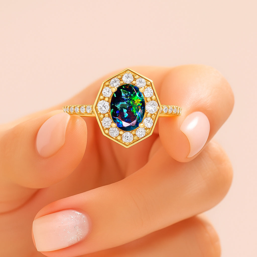 Natural Black Opal with White Zircon Engagement Halo Ring