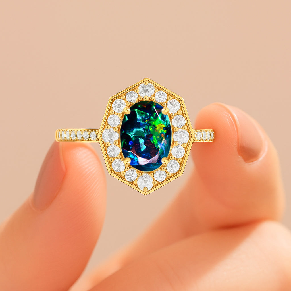 Natural Black Opal with White Zircon Engagement Halo Ring
