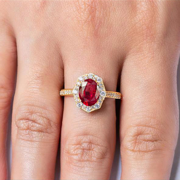 Natural Ruby with White Zircon Engagement Halo Ring