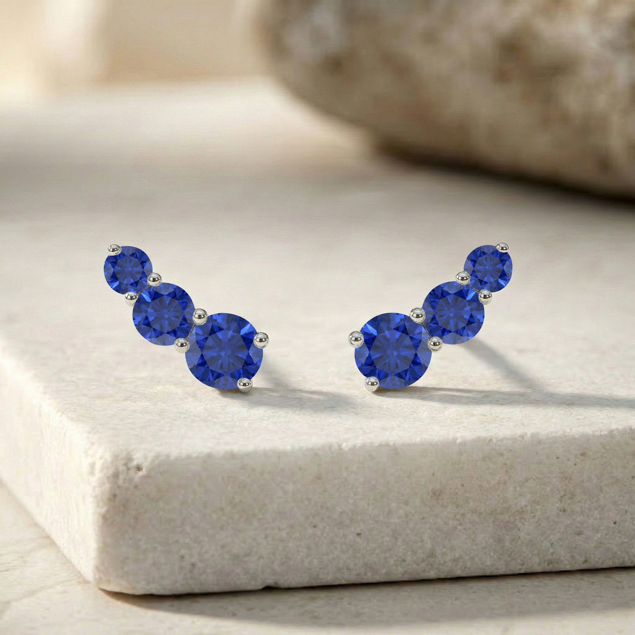 Sapphire Stud Earrings Round Silver Design