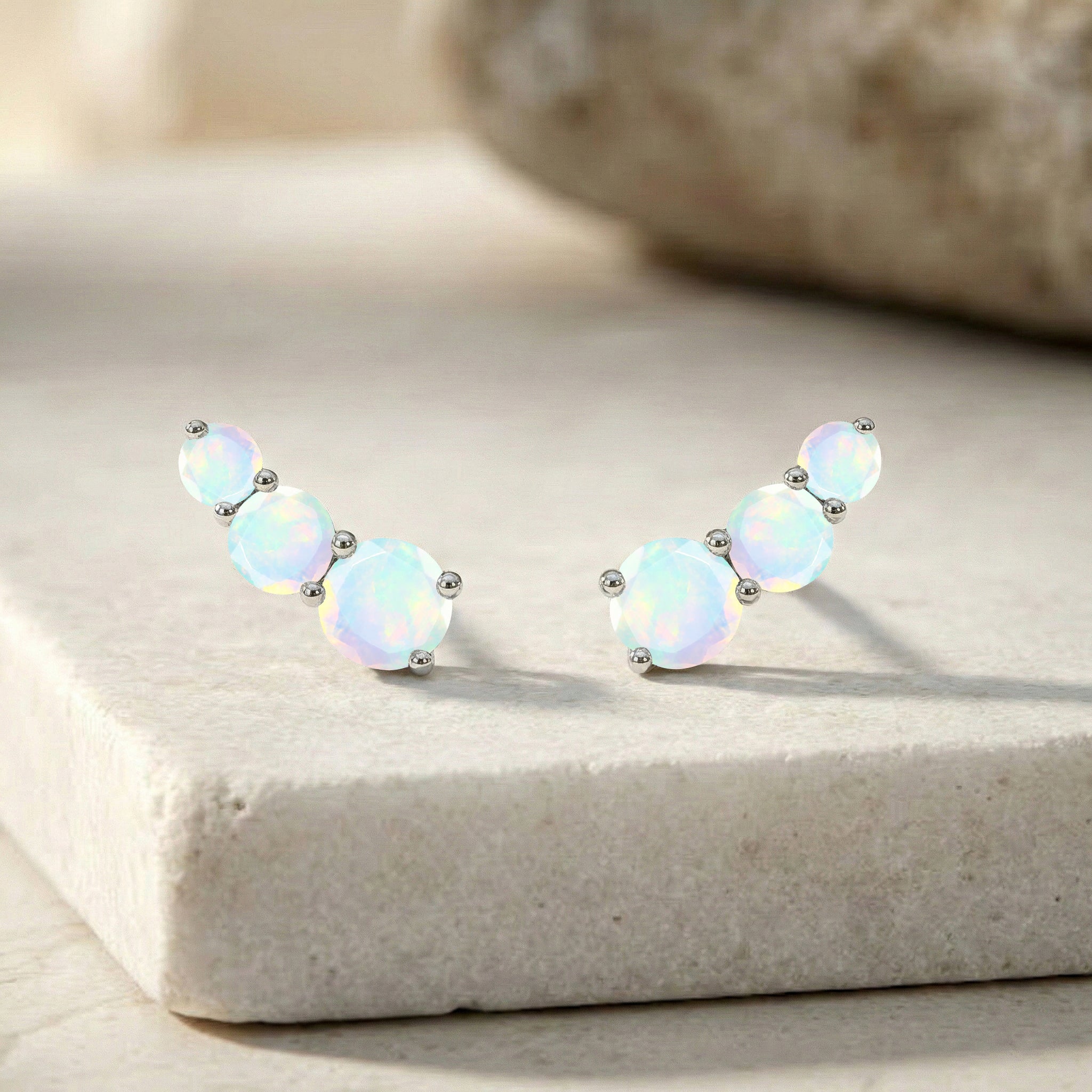 White Round Opal Stud Earring in 925 Sterling Silver 5X4X3MM 1.40 ct.