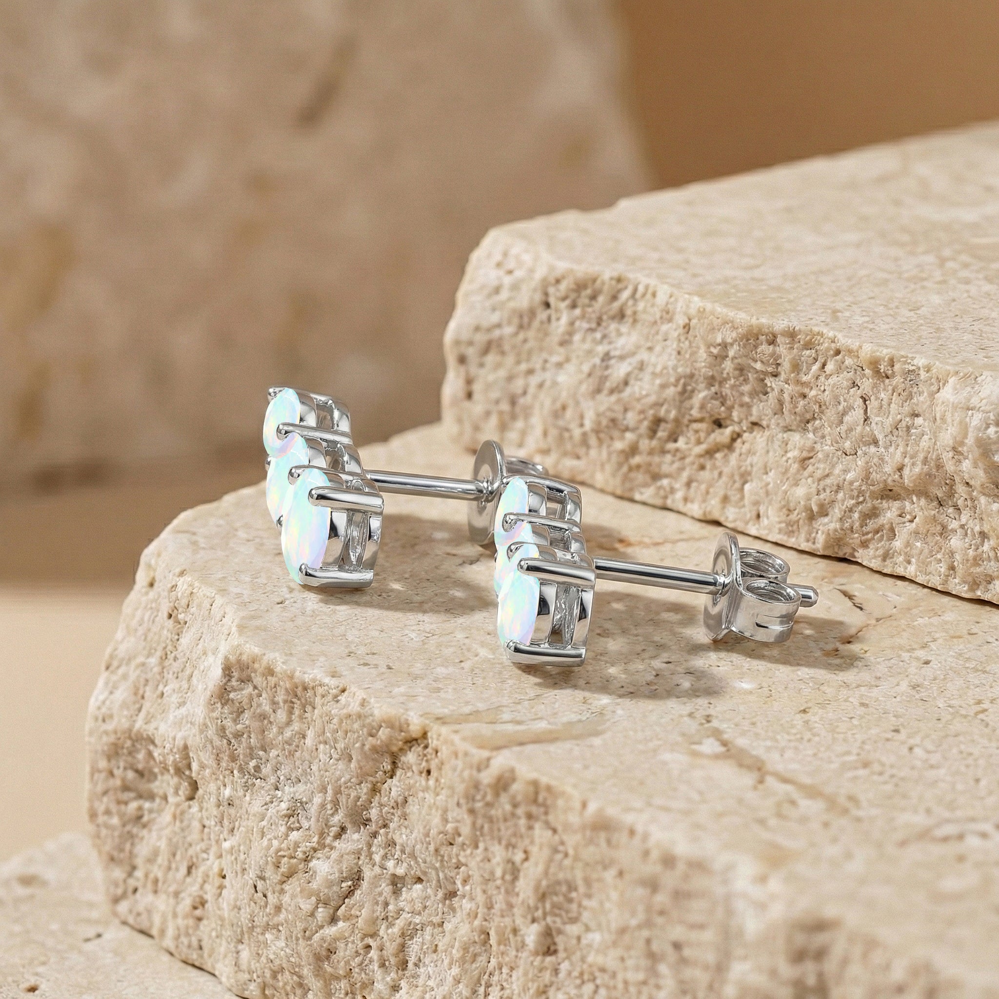 White Round Opal Stud Earring in 925 Sterling Silver 5X4X3MM 1.40 ct.