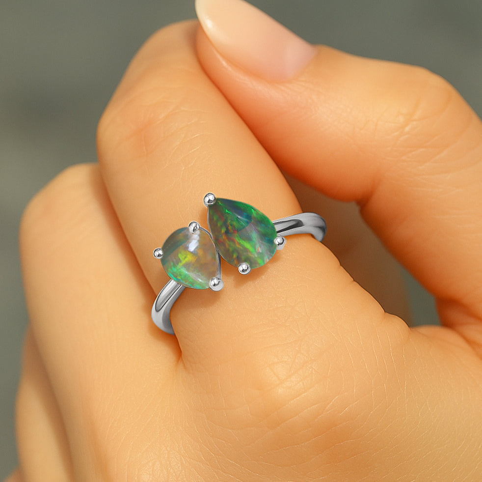 Double Pear Cut Black Opal Ring in 925 Silver Luxury Opal Jewelry