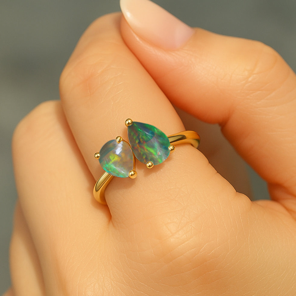 Double Pear Cut Black Opal Ring in 925 Silver Luxury Opal Jewelry