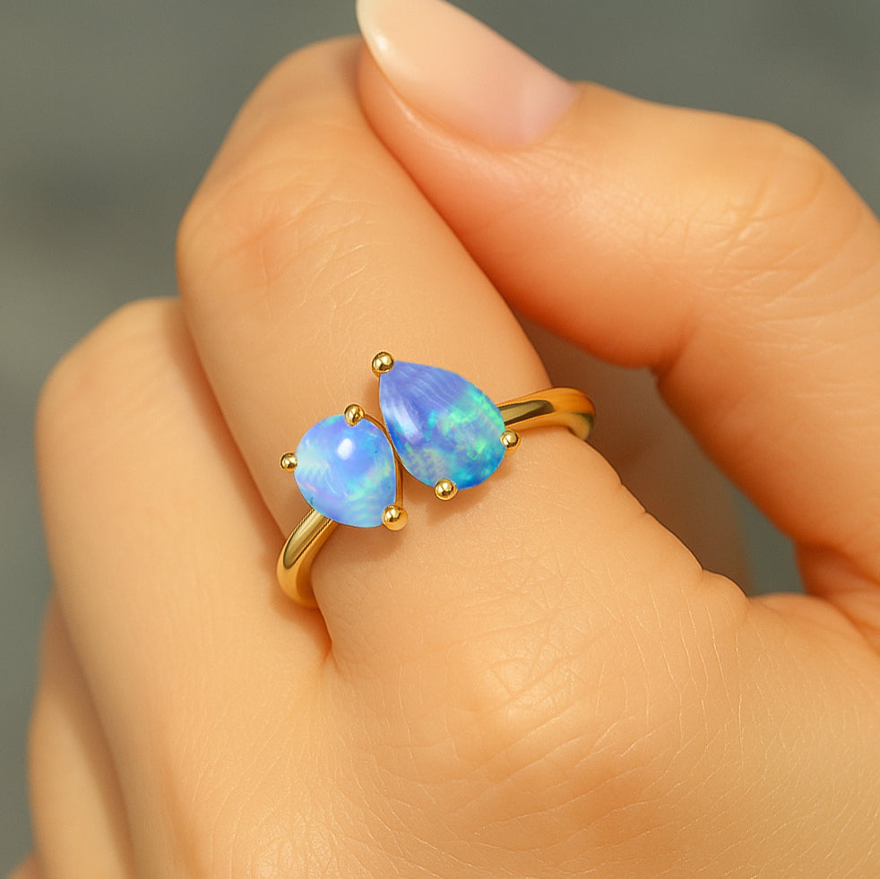 Double Pear Cut Blue Opal Ring in 925 Silver Luxury Opal Jewelry