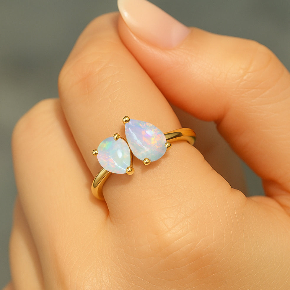 Double Pear Cut White Opal Ring in 925 Silver Luxury Opal Jewelry