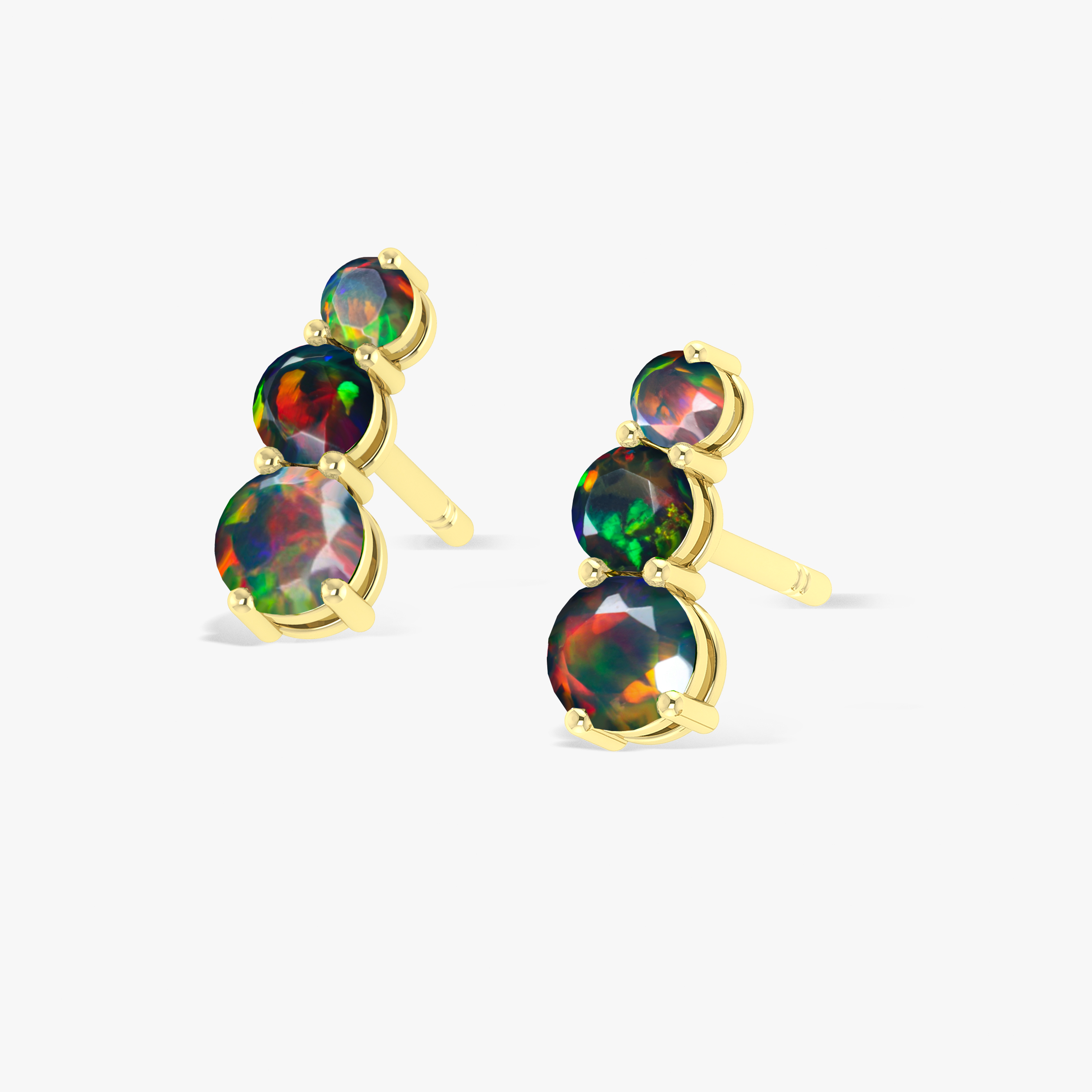 Fire Black Opal Three Stone Stud Earrings