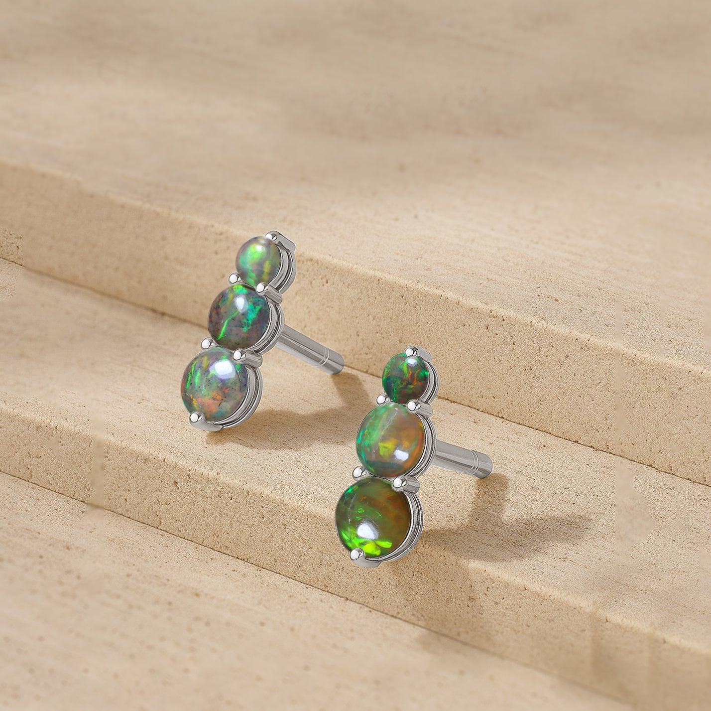 925 Silver Black Opal Triple Round Stud Earrings 5mm 4mm 3mm Stones 2.80ct