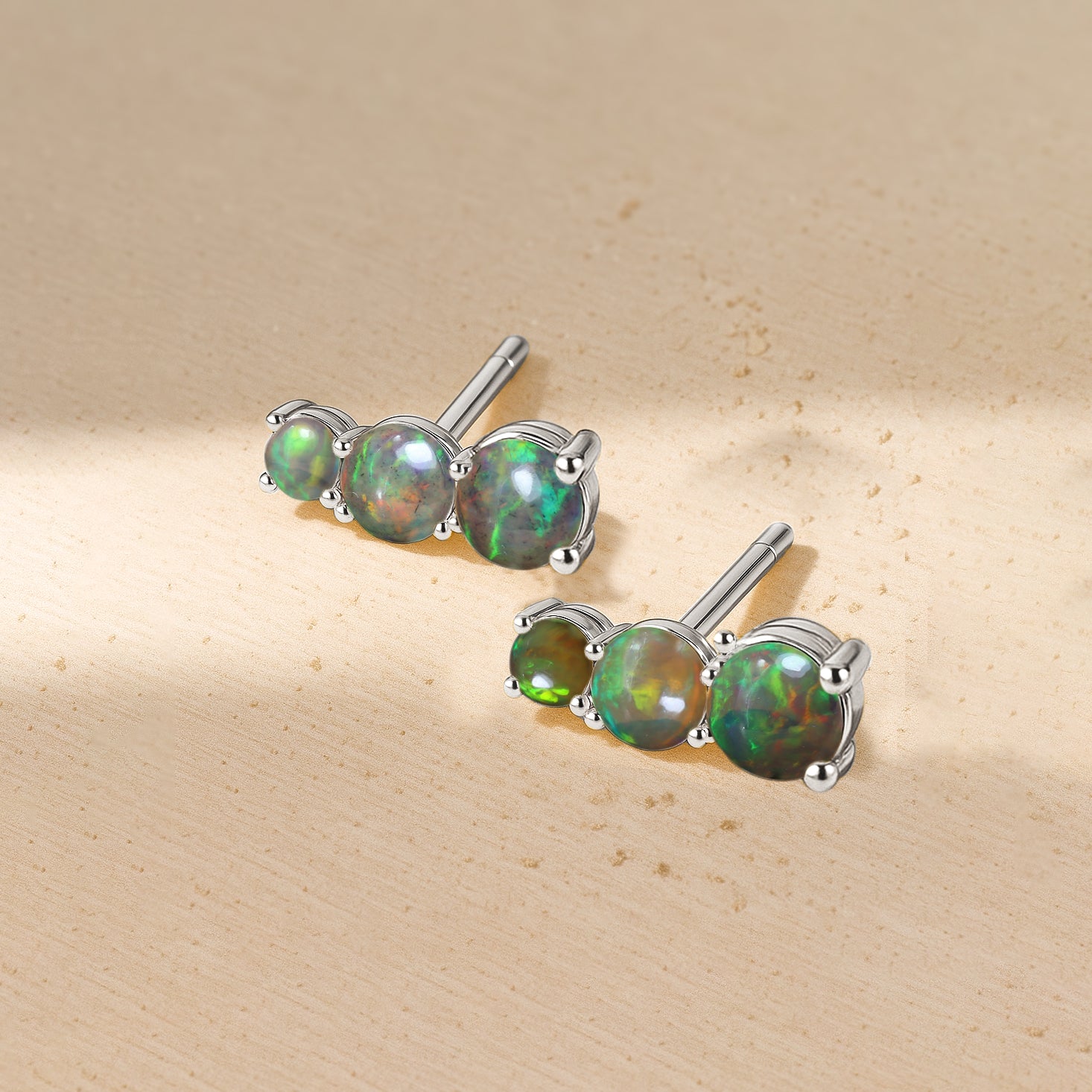 925 Silver Black Opal Triple Round Stud Earrings 5mm 4mm 3mm Stones 2.80ct