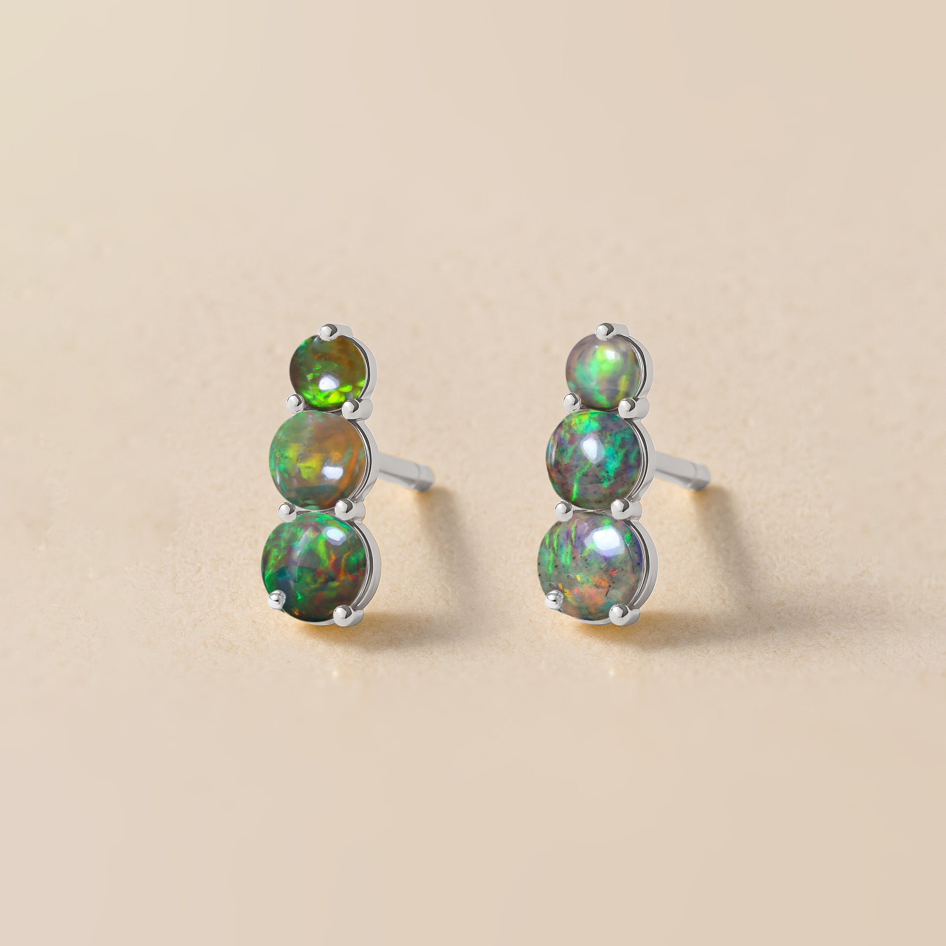 925 Silver Black Opal Triple Round Stud Earrings 5mm 4mm 3mm Stones 2.80ct