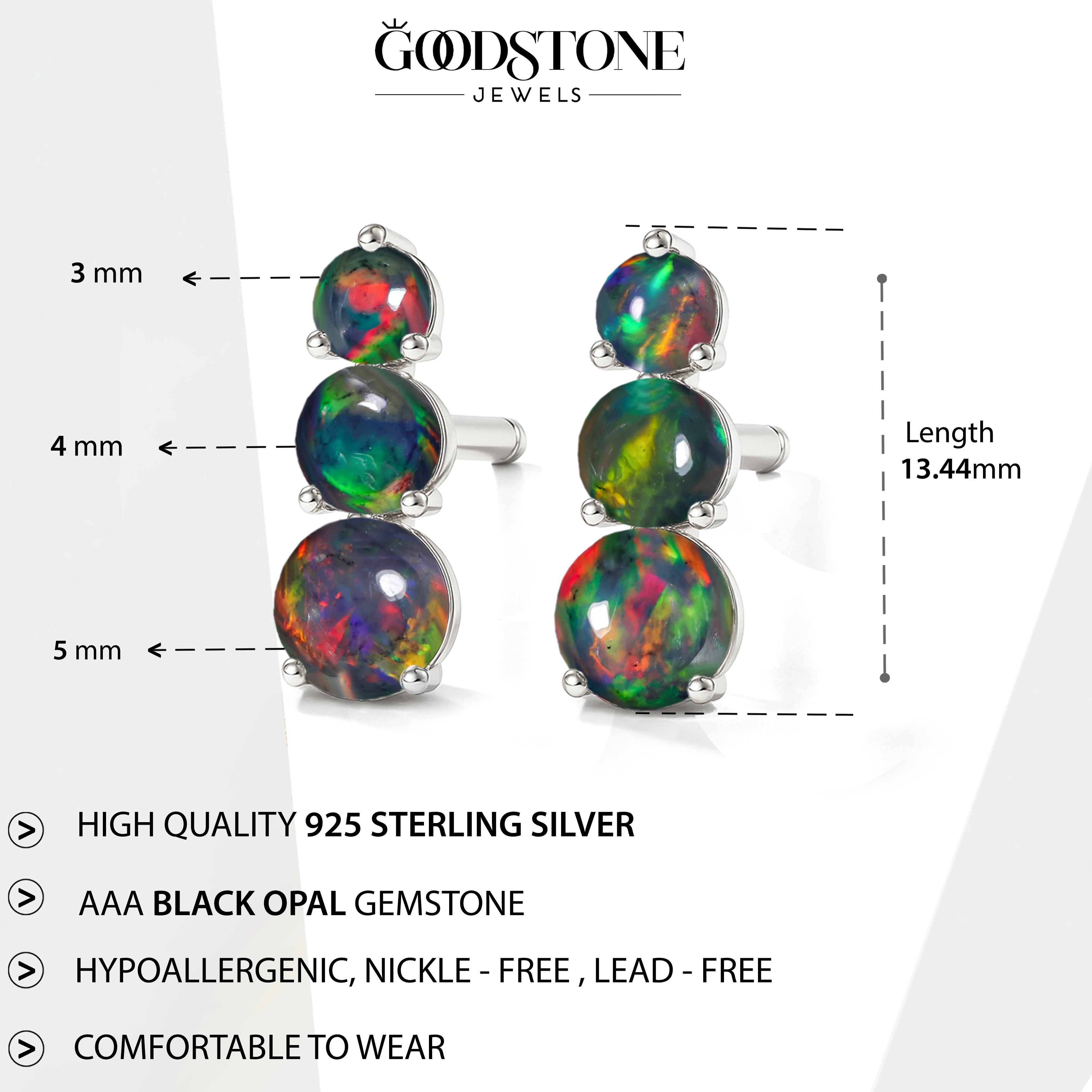 925 Silver Black Opal Triple Round Stud Earrings 5mm 4mm 3mm Stones 2.80ct
