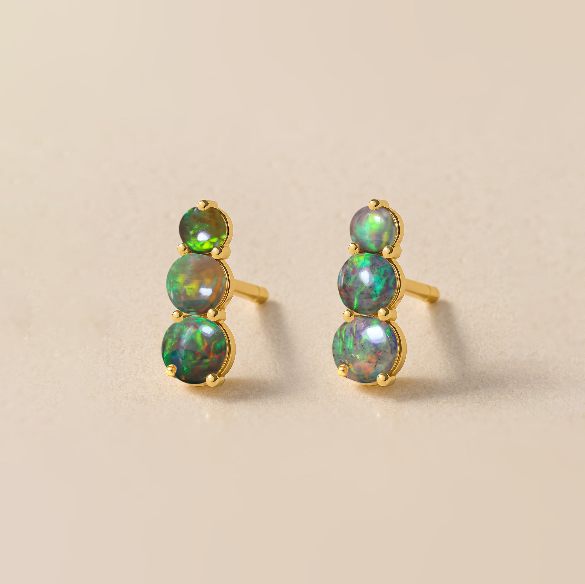 925 Silver Black Opal Triple Round Stud Earrings 5mm 4mm 3mm Stones 2.80ct