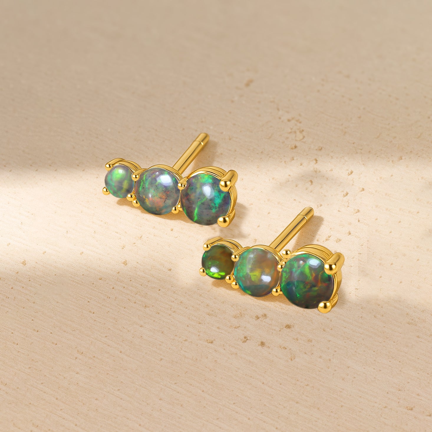 925 Silver Black Opal Triple Round Stud Earrings 5mm 4mm 3mm Stones 2.80ct