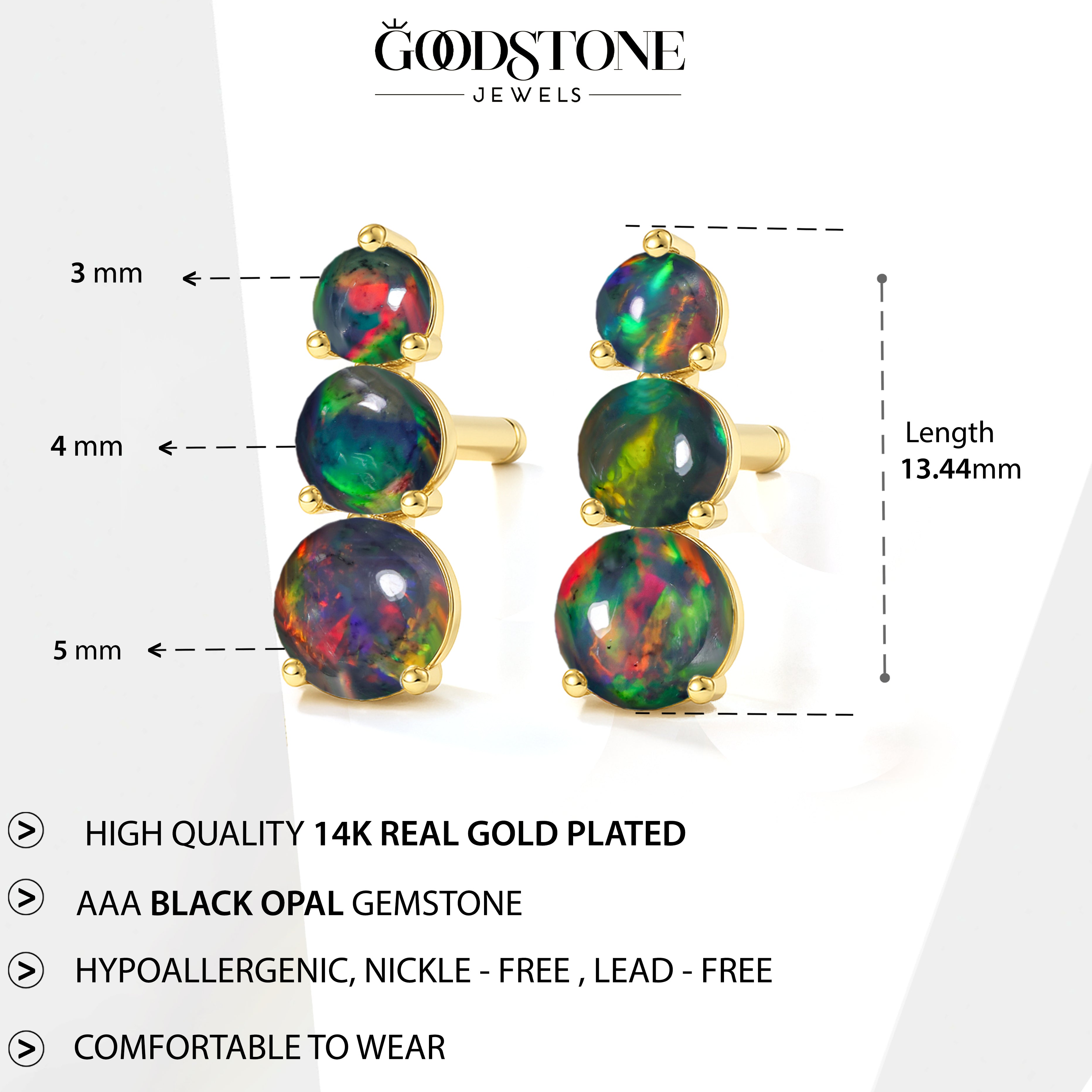 925 Silver Black Opal Triple Round Stud Earrings 5mm 4mm 3mm Stones 2.80ct