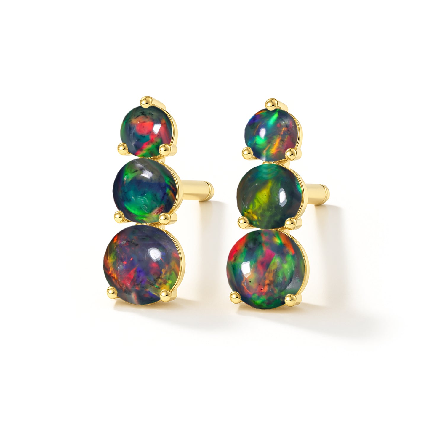 925 Silver Black Opal Triple Round Stud Earrings 5mm 4mm 3mm Stones 2.80ct