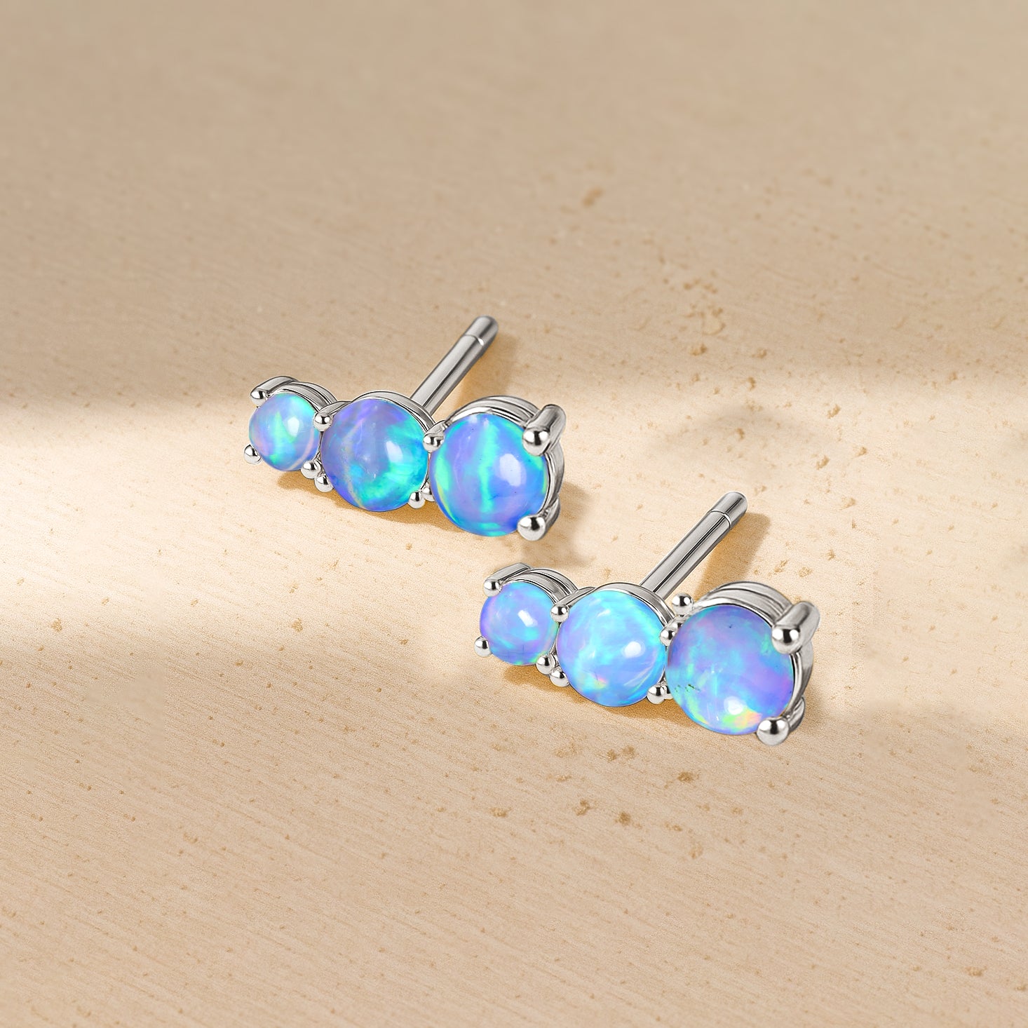 925 Silver Blue Opal Triple Round Stud Earrings 5mm 4mm 3mm Stones 2.80ct