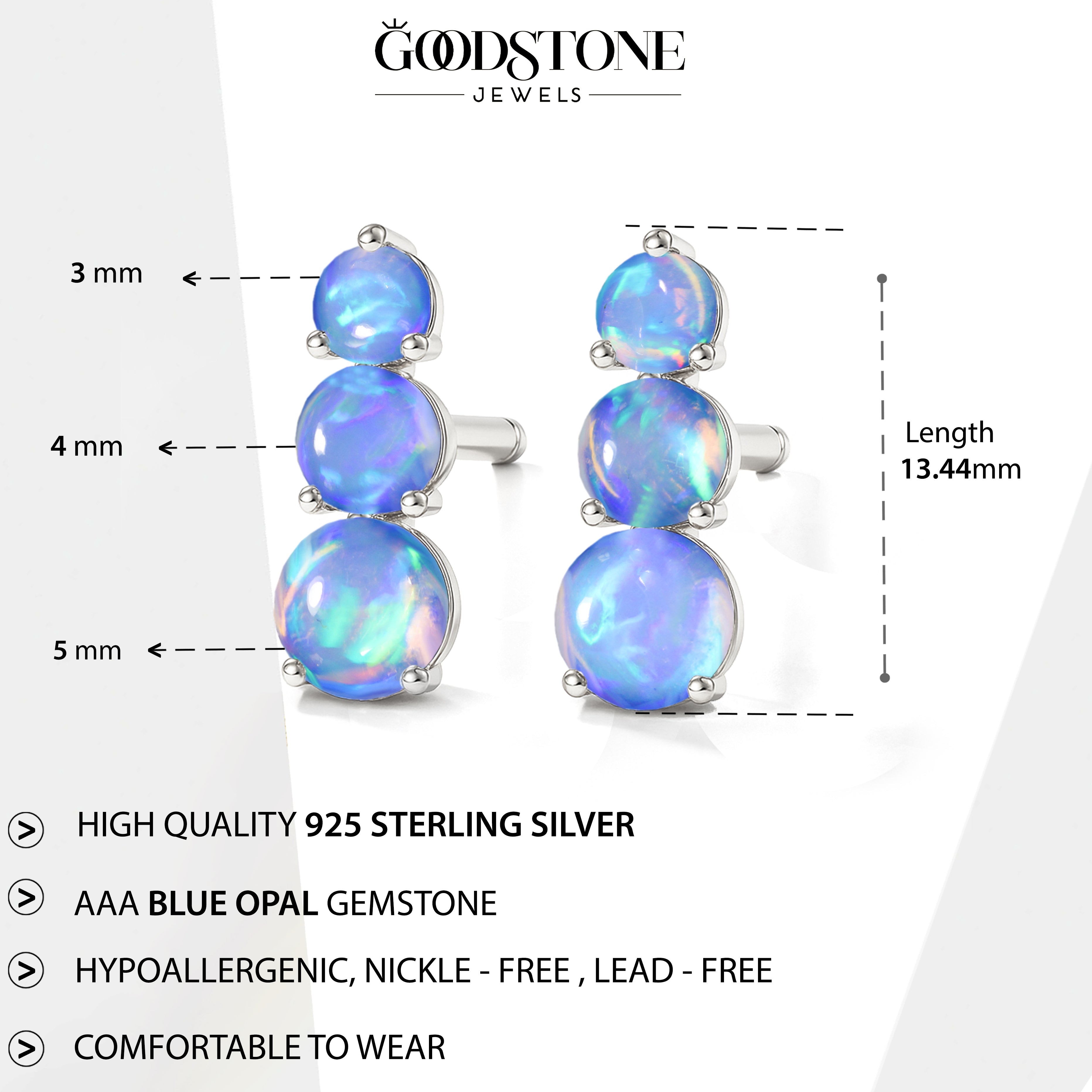 925 Silver Blue Opal Triple Round Stud Earrings 5mm 4mm 3mm Stones 2.80ct
