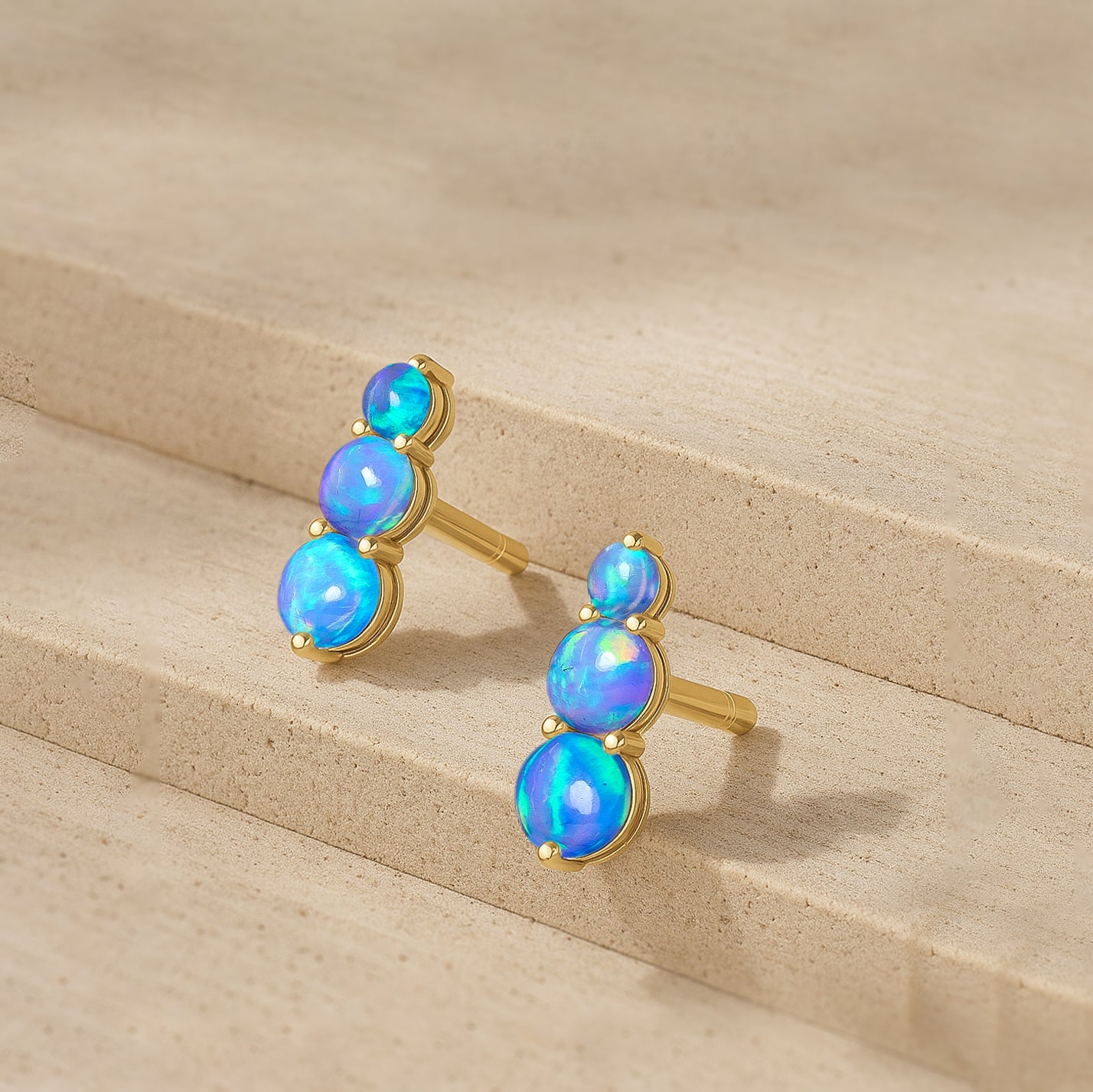 925 Silver Blue Opal Triple Round Stud Earrings 5mm 4mm 3mm Stones 2.80ct