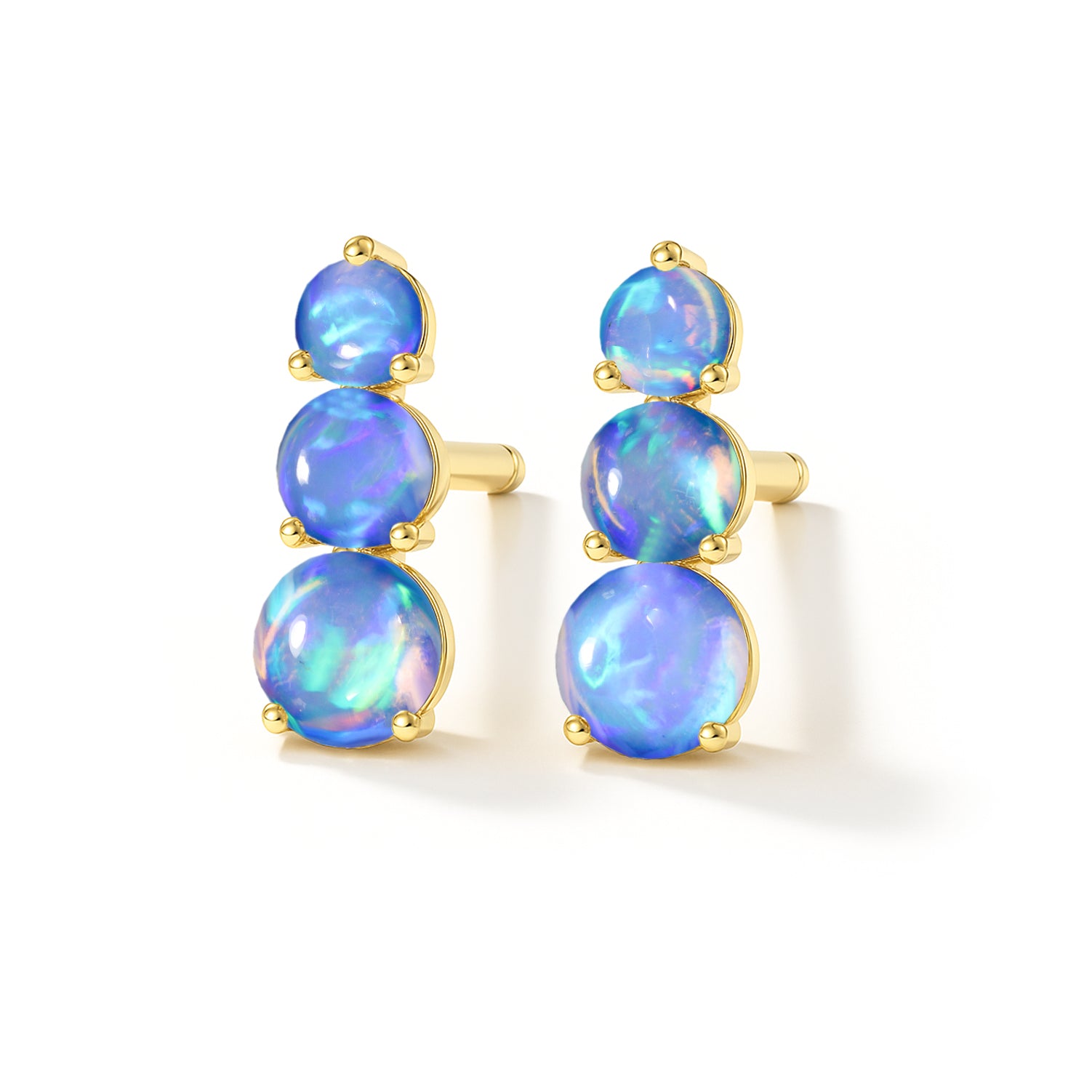925 Silver Blue Opal Triple Round Stud Earrings 5mm 4mm 3mm Stones 2.80ct
